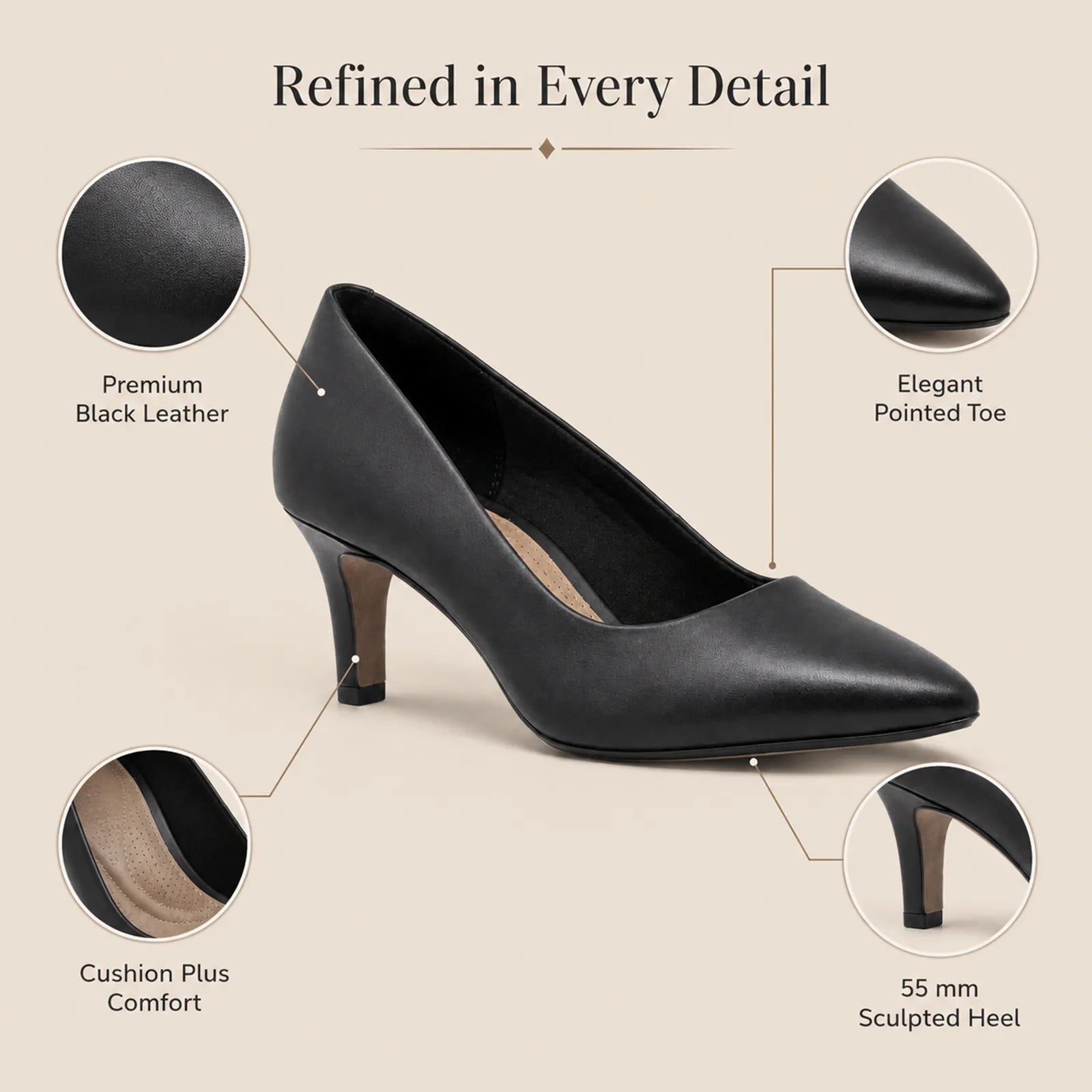 Black leather pointed-toe heeled pumps with 55 mm sculpted heel