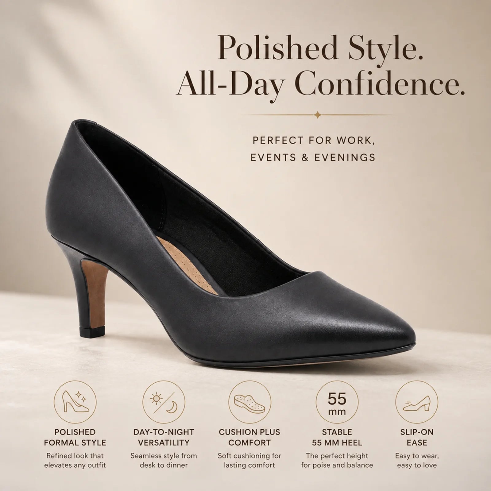 Black women's pointed-toe heeled pumps with sculpted heel, side view