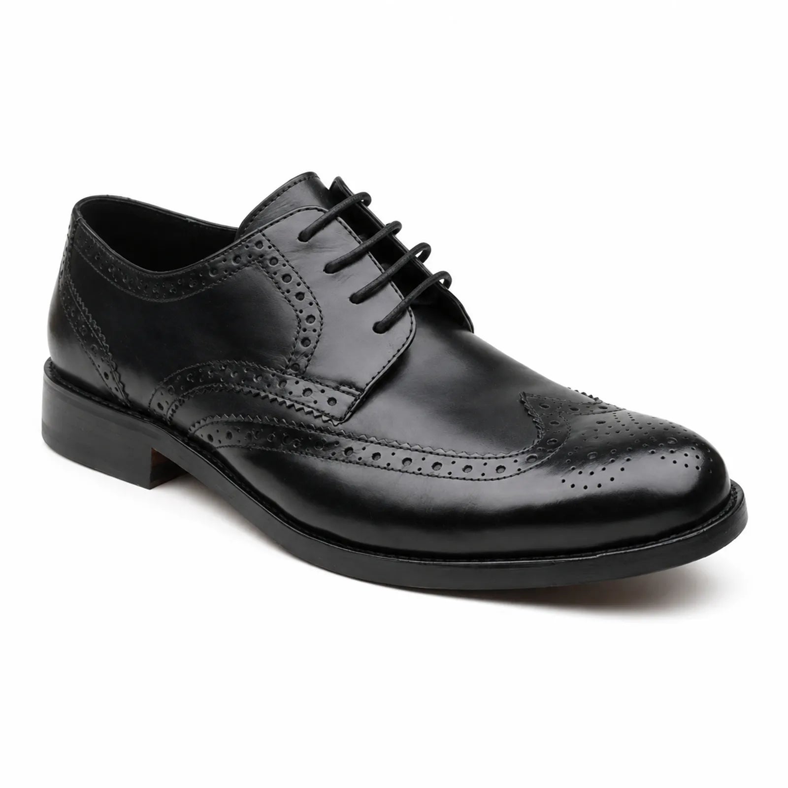 Black leather lace-up wingtip brogue Oxford dress shoe with perforated detailing