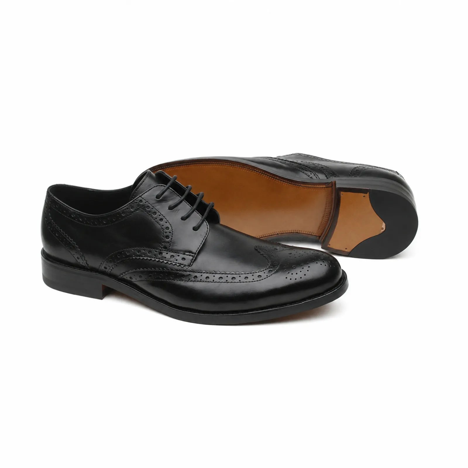 Black leather lace-up wingtip Oxford dress shoe with underside view and tan insole