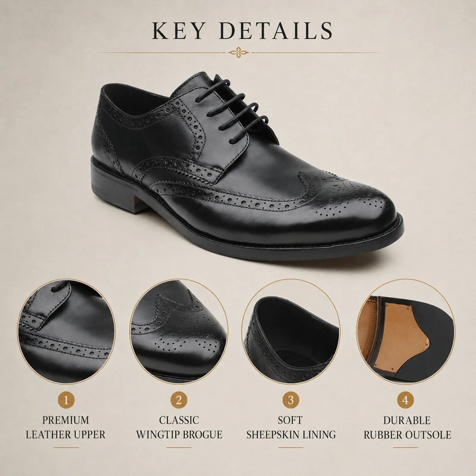 Black leather lace-up wingtip brogue Oxford shoe, close-up front view