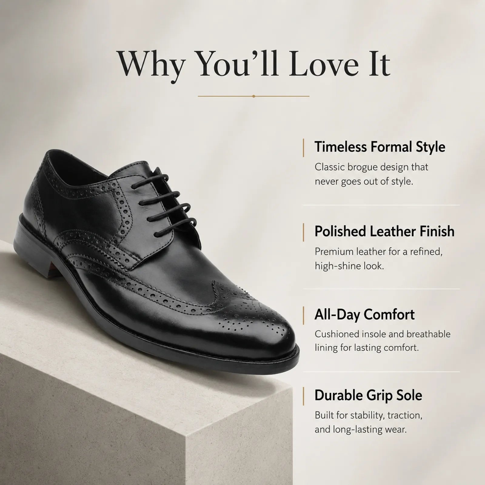 Black leather lace-up wingtip brogue Oxford dress shoe on display