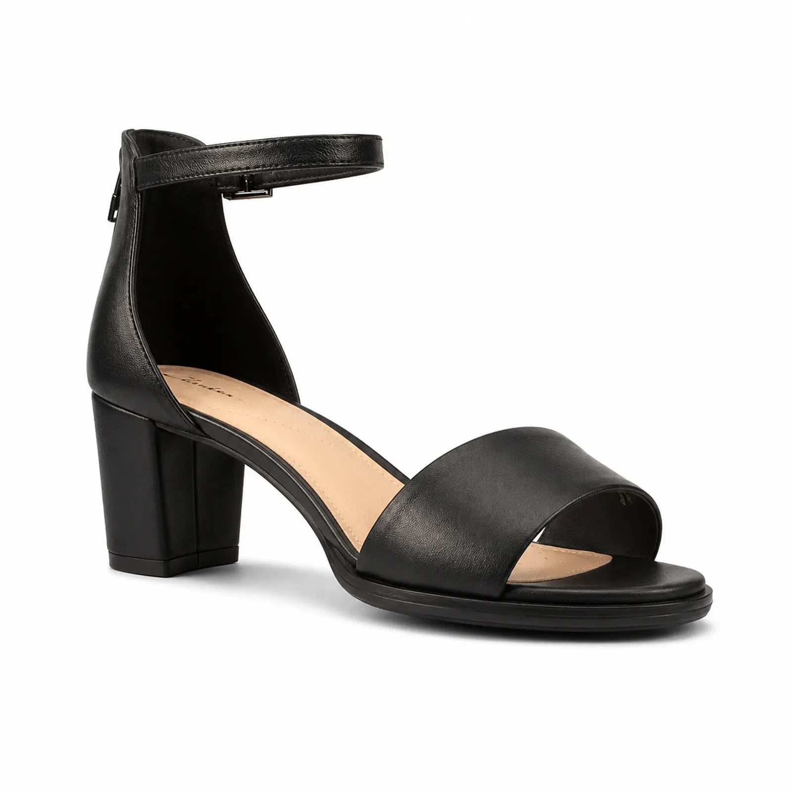 Women's black leather ankle-strap sandals with open toe and block heel