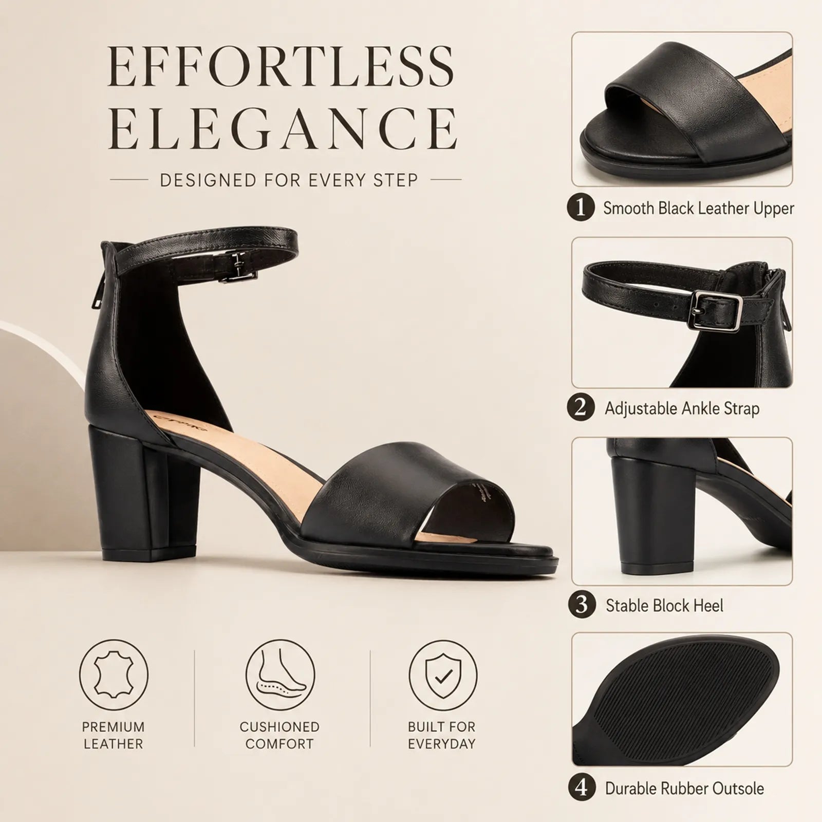 Black leather ankle-strap sandals with adjustable buckle, block heel and rubber outsole