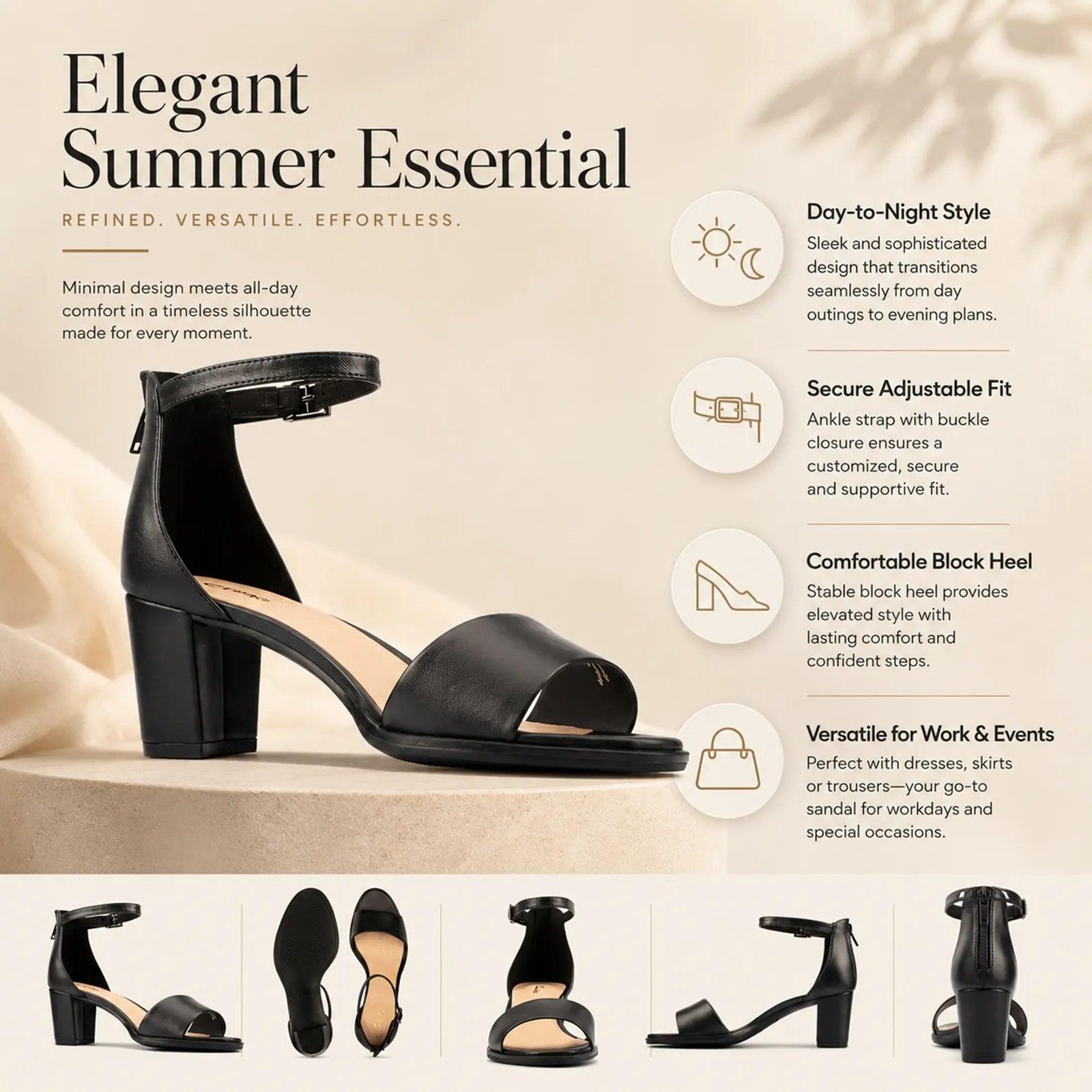 Black leather ankle-strap sandals with open toe, cushioned footbed and block heel