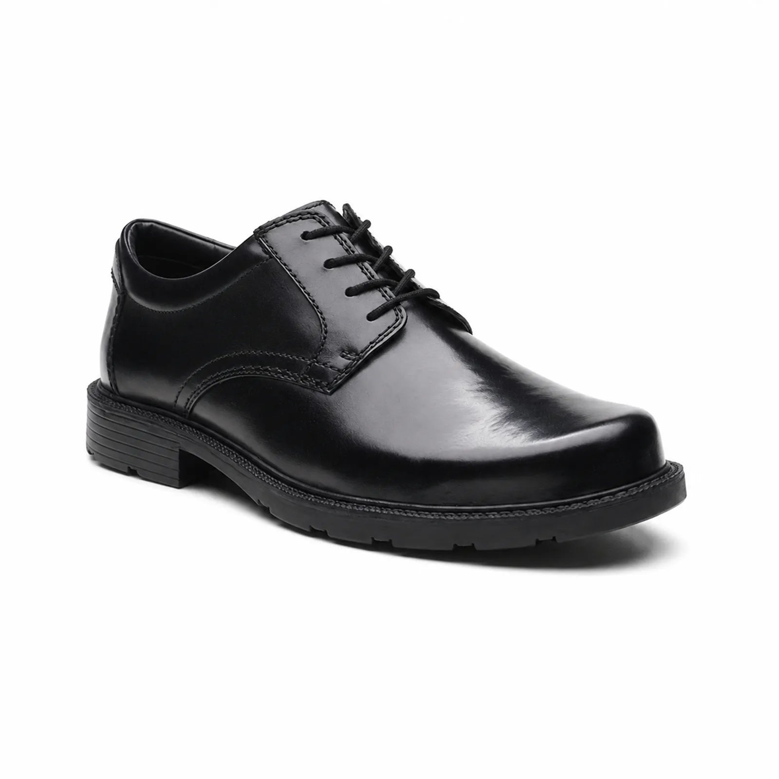 Black leather lace-up business shoe with stitched apron and low block sole