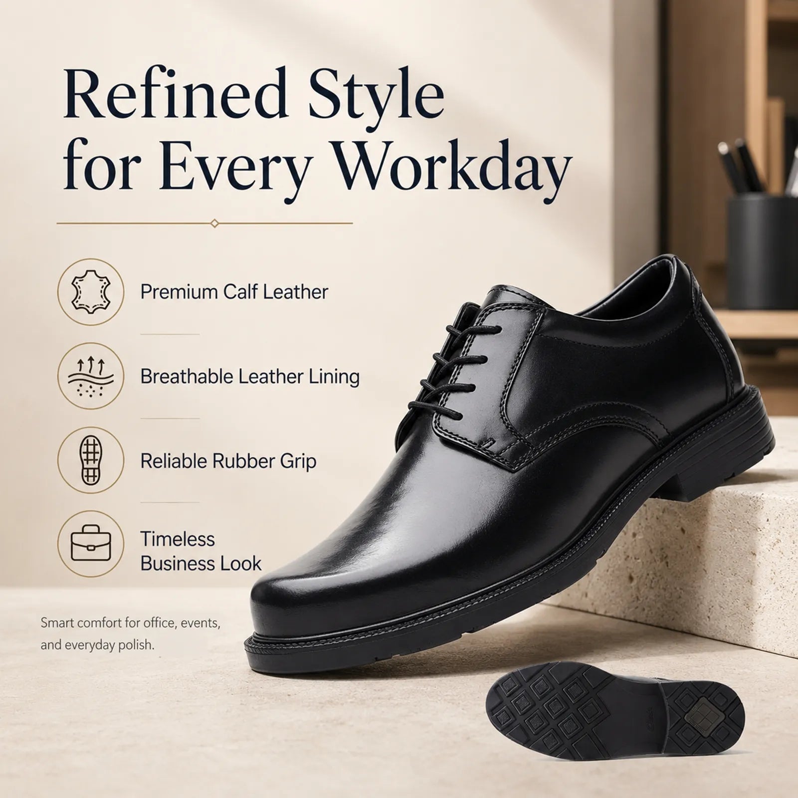 Black leather lace-up business shoe with low profile rubber grip outsole