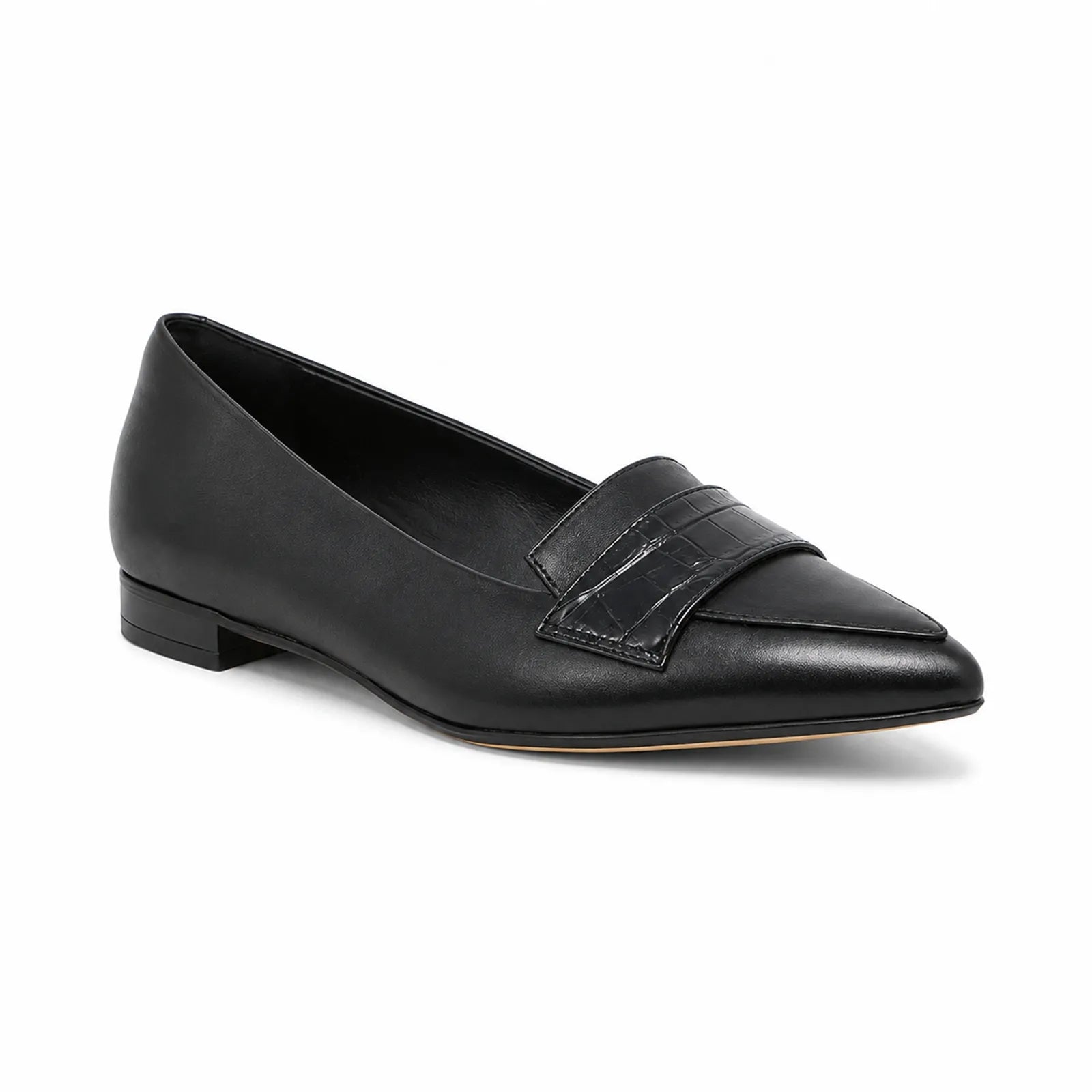 Black leather women's loafer with croc-embossed strap and low block heel