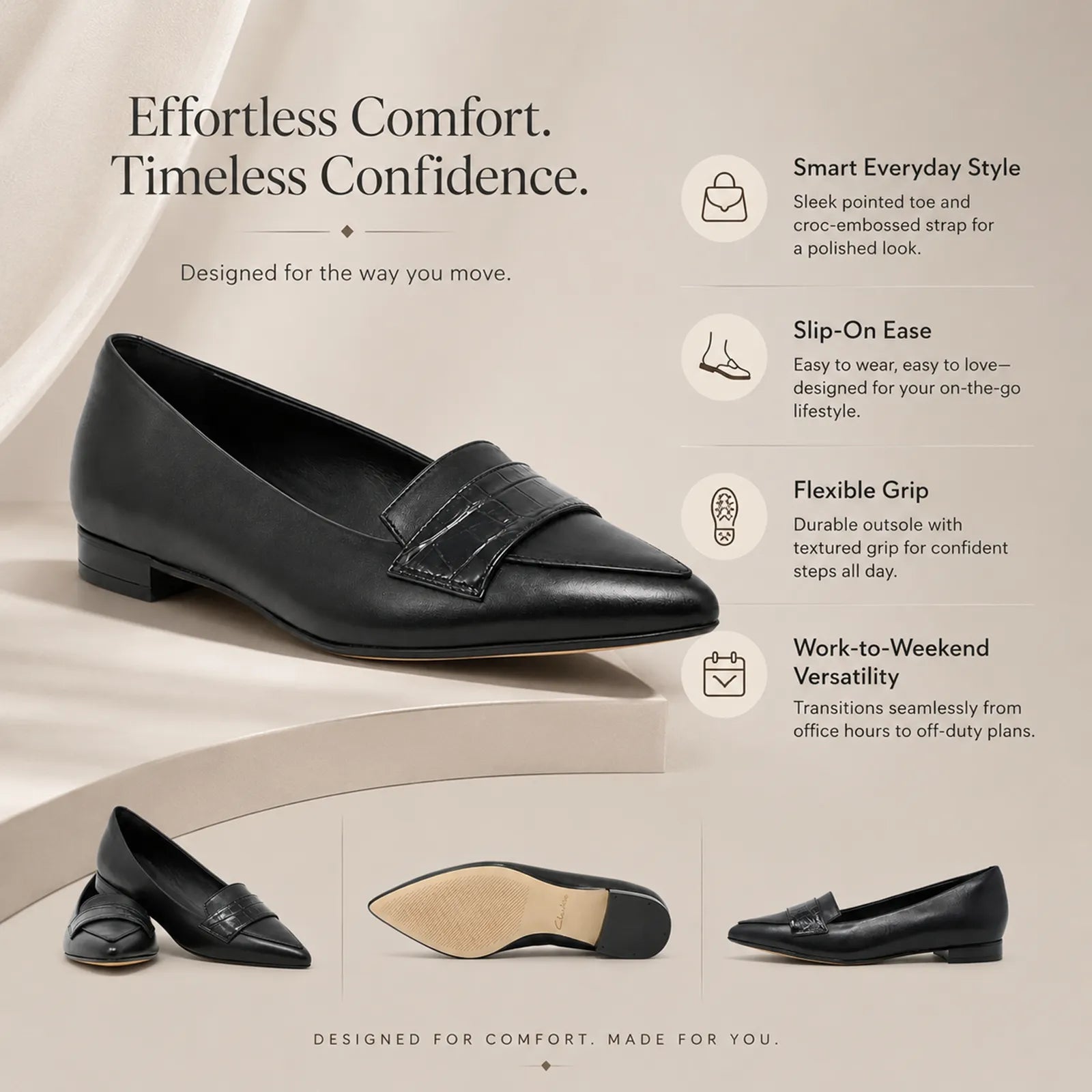 Black leather women's loafer, side view, croc-embossed strap and low heel