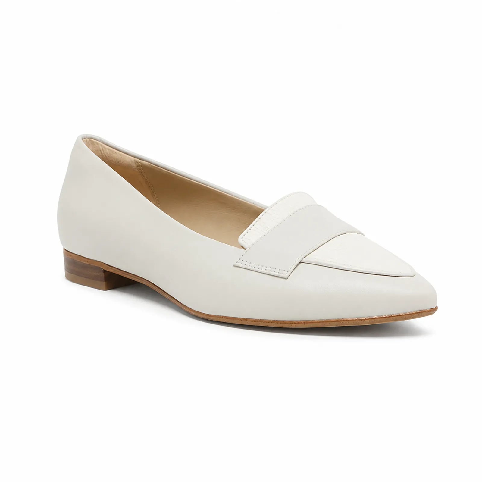 White leather women's loafer with slip-on strap detail and low heel