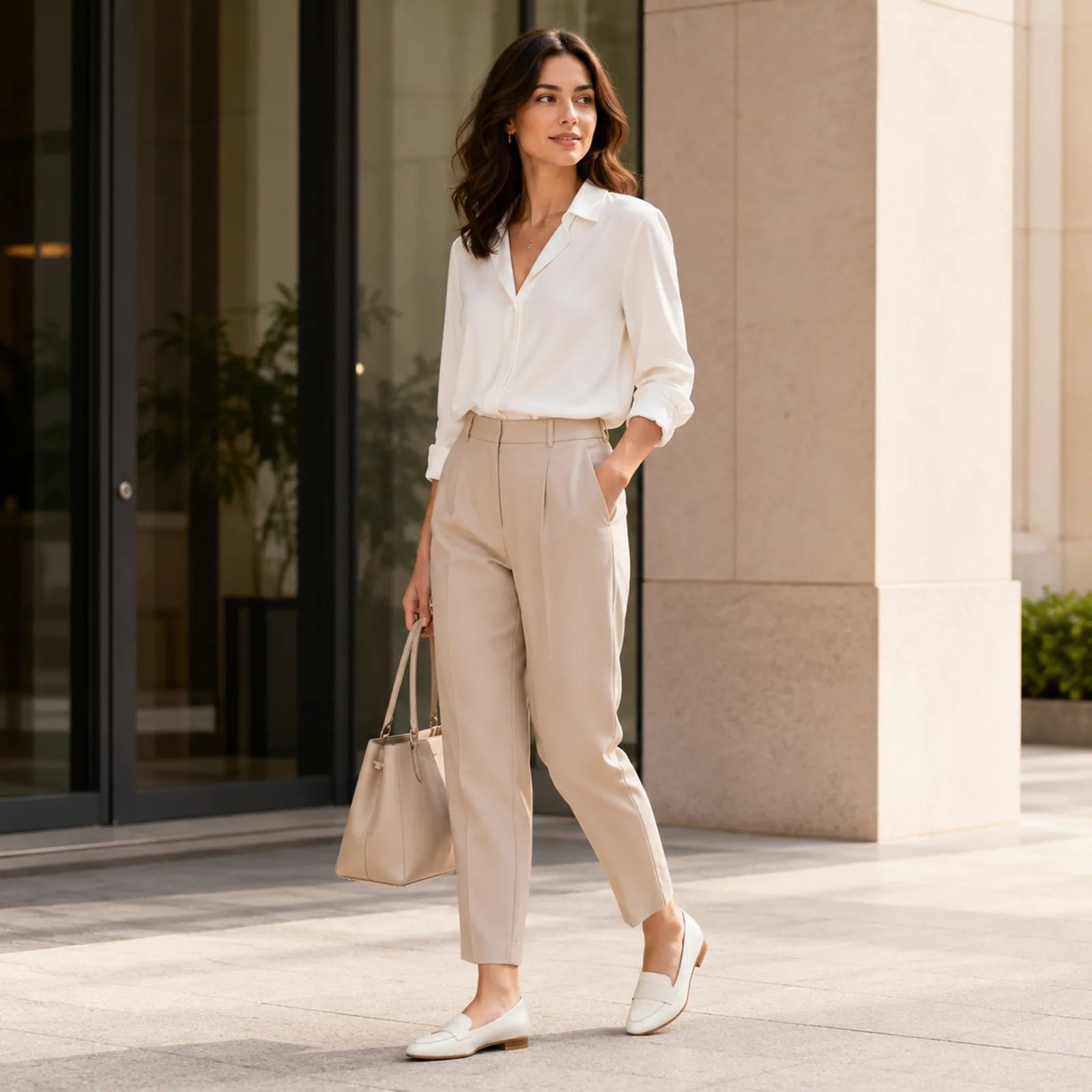 White leather women's loafers on model wearing light-colored pants