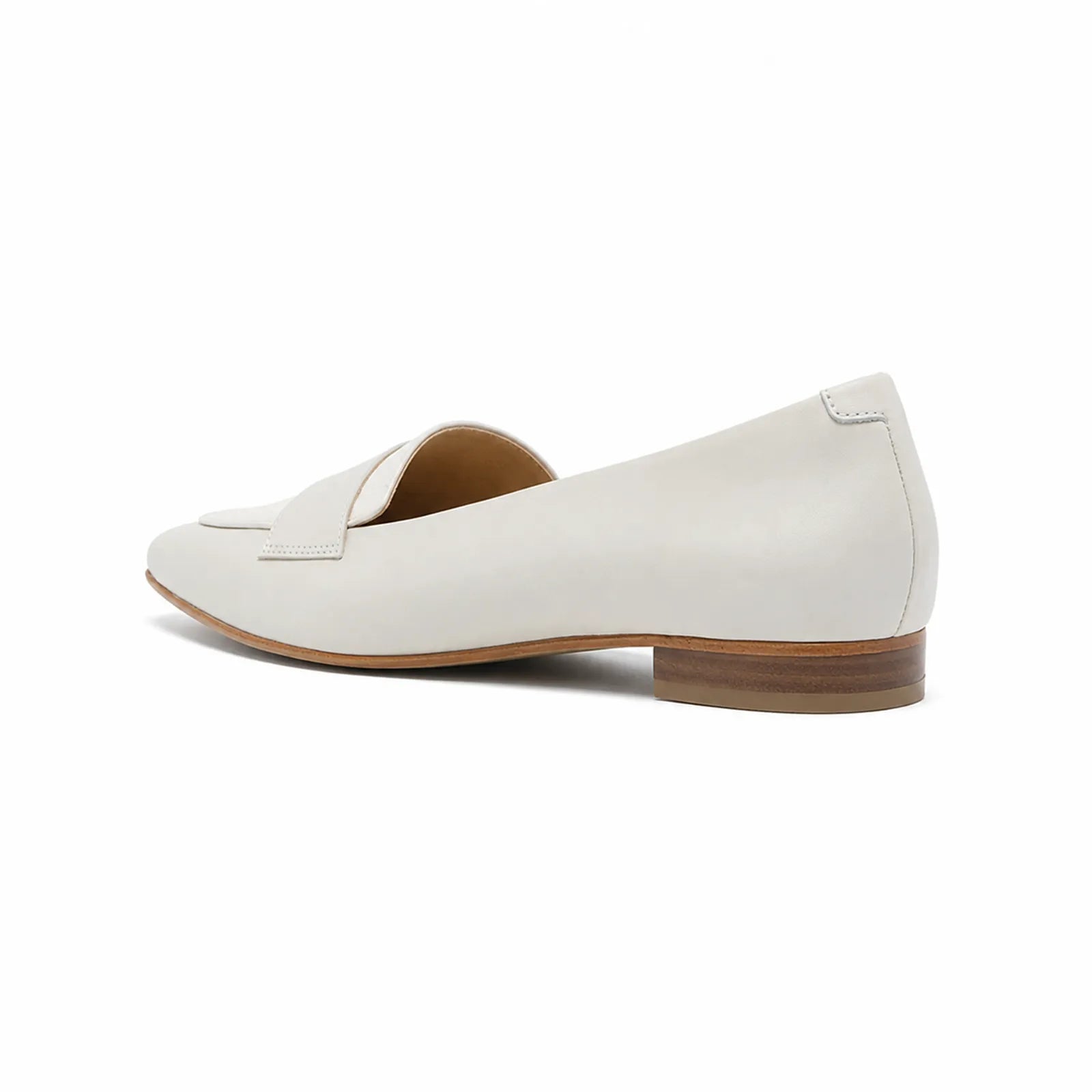 White leather women's loafer with strap detail and low wooden sole, side view