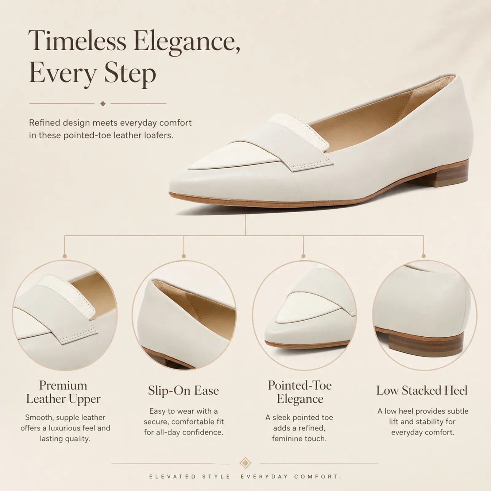 Women's white leather pointed-toe loafer, slip-on style with low stacked heel
