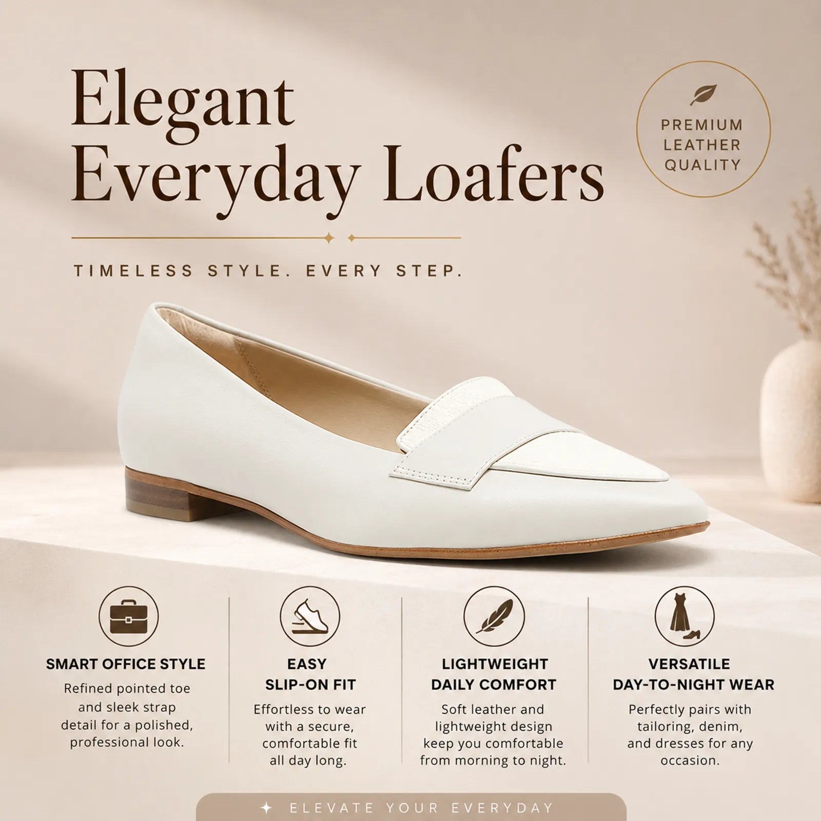 Women's white leather slip-on loafer with pointed toe and low block heel