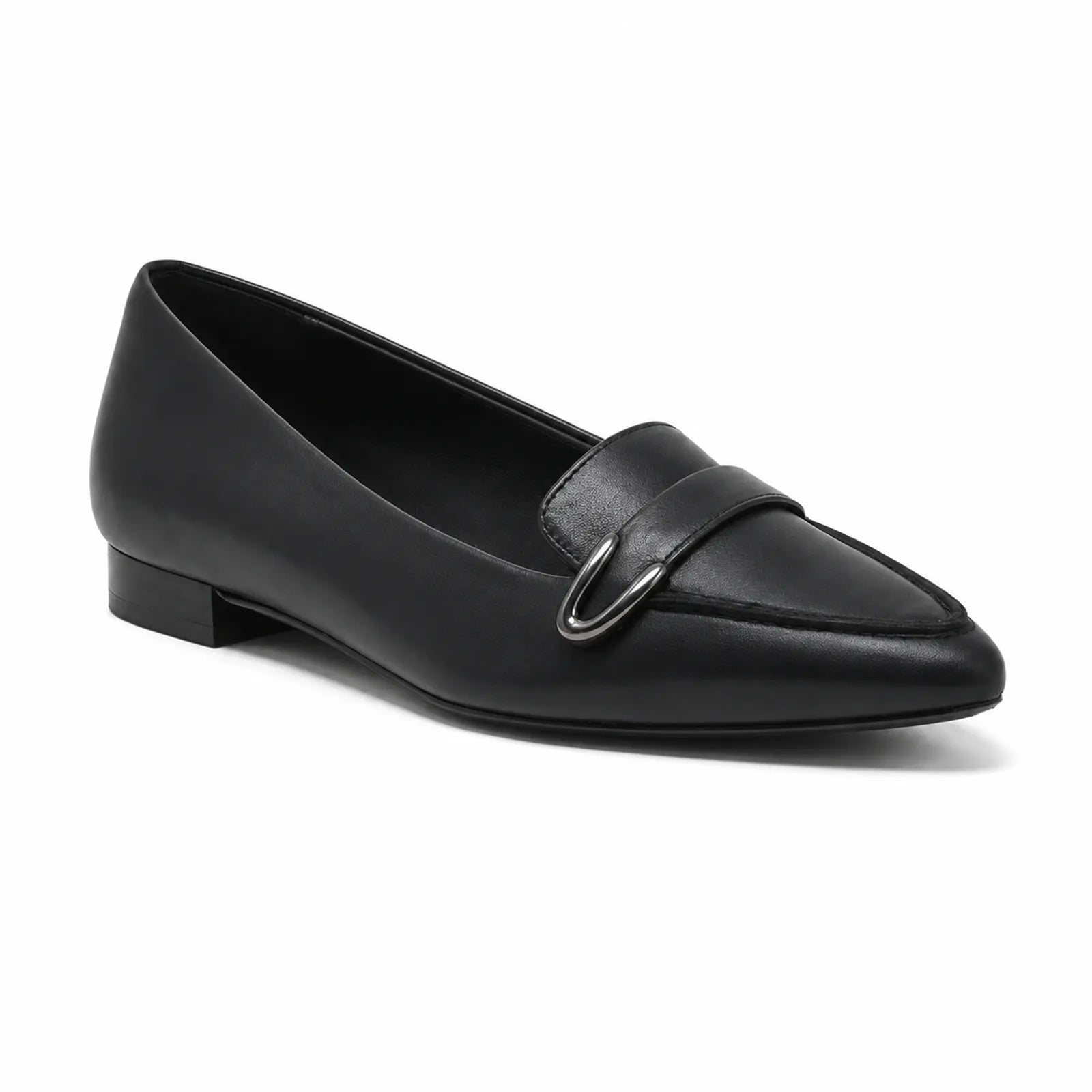 Women's black leather loafer with metal buckle detail and low block heel