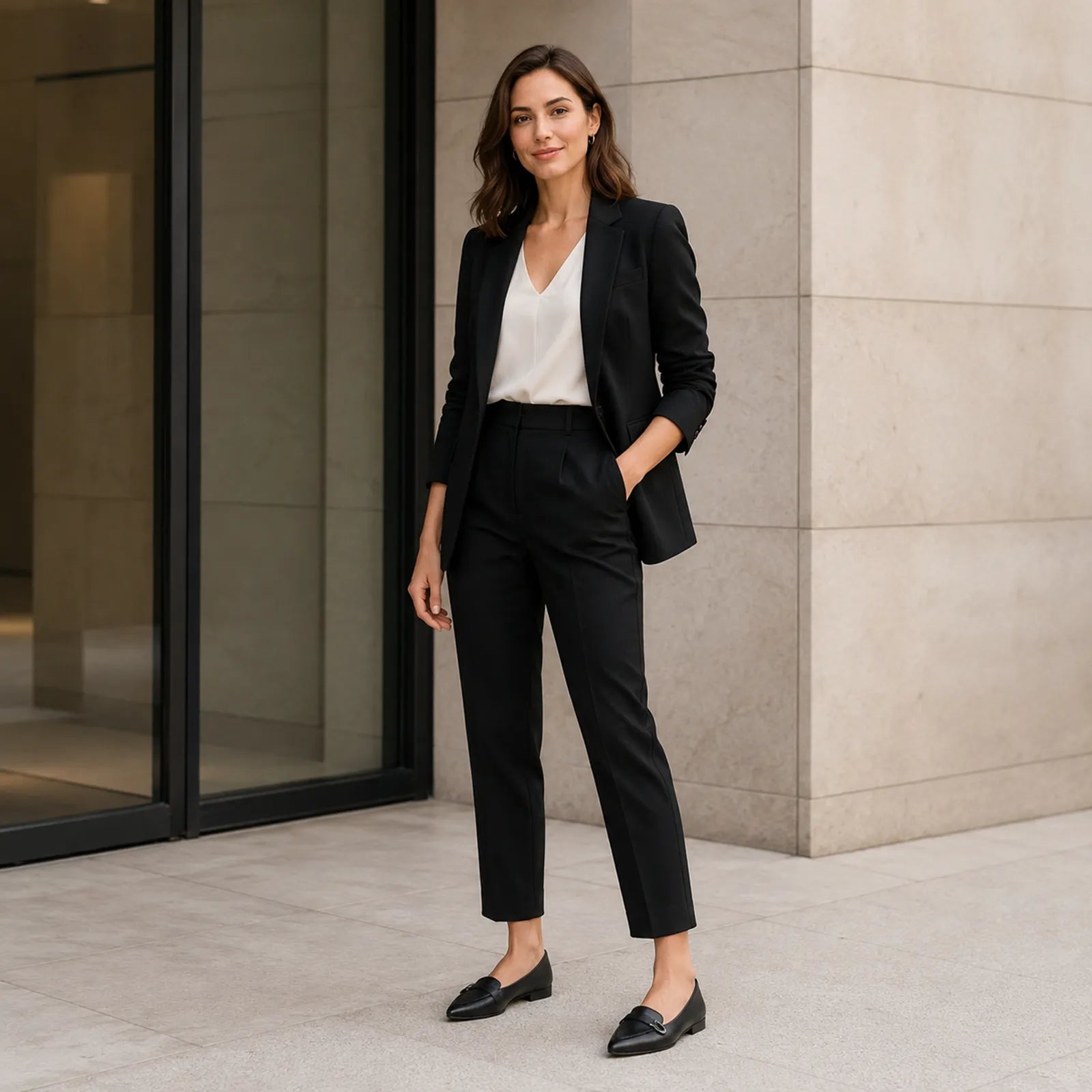 Women's black leather loafer with metal buckle, worn with ankle-length trousers
