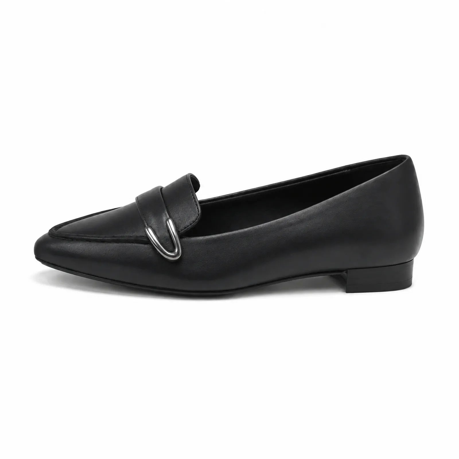 Women's black leather loafer with metal buckle detail and short block heel