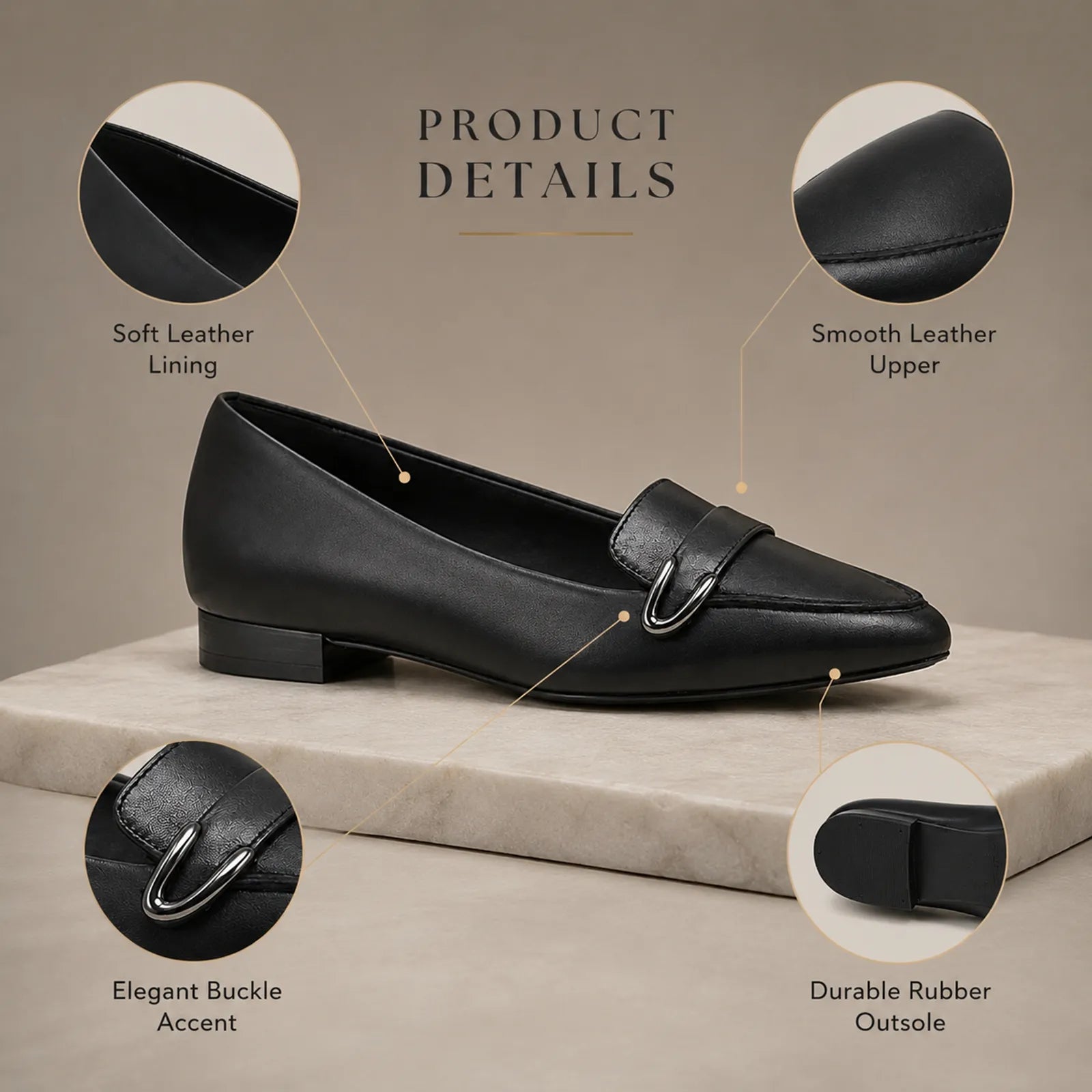 Women's black leather loafer with oval buckle strap and low block heel