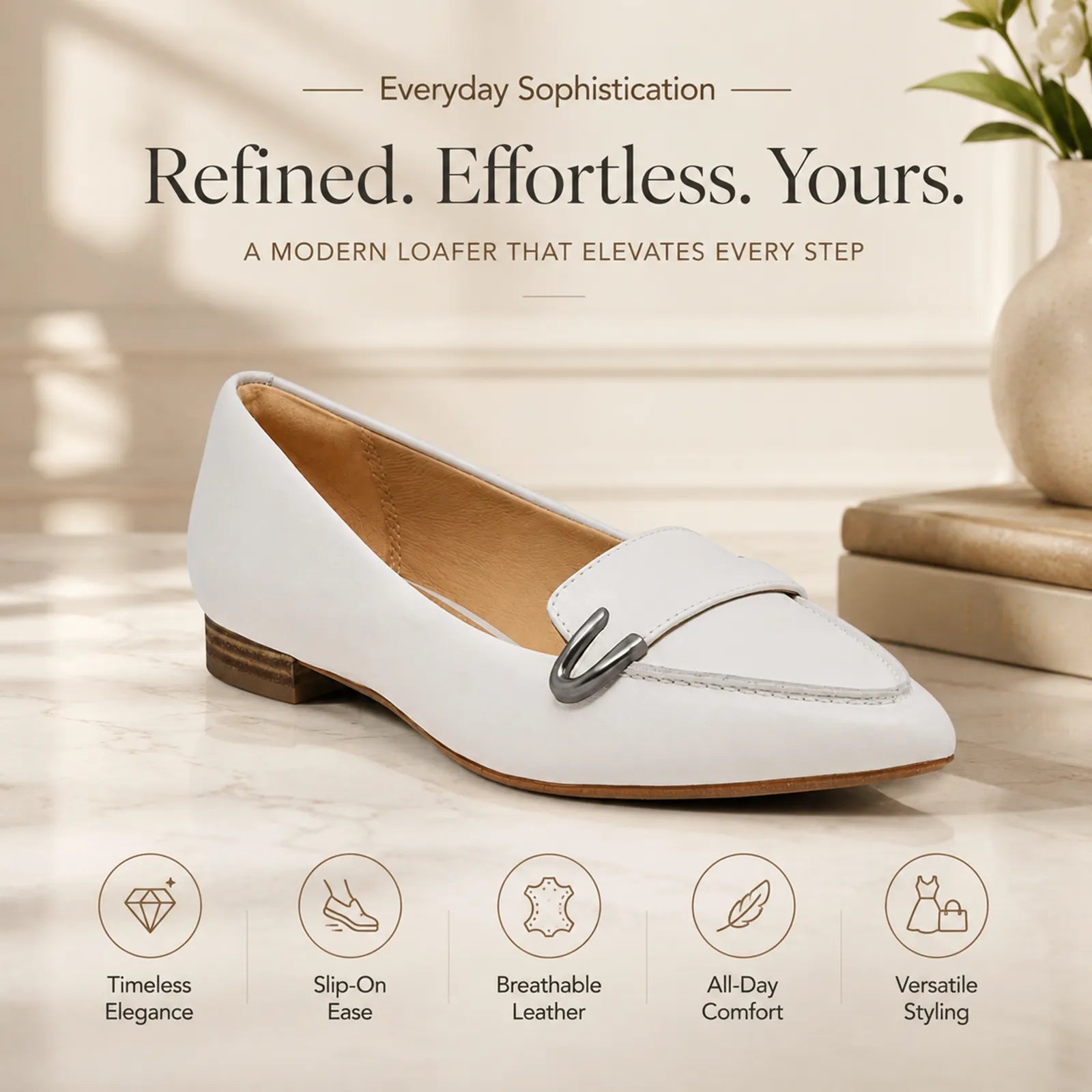Women's white leather loafer with metal buckle and low block heel