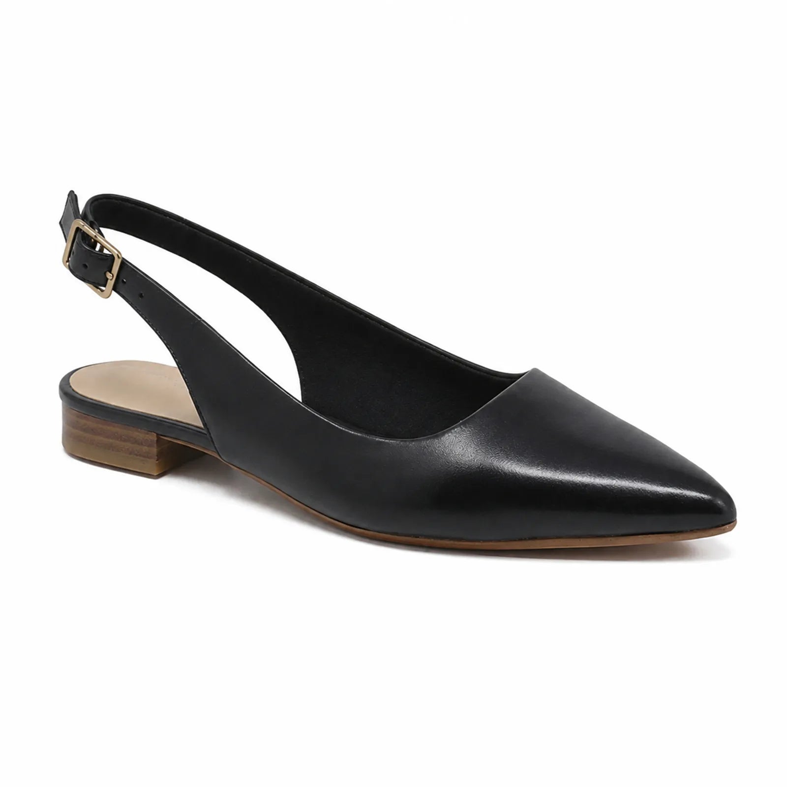 Clarks Laina15 slingback sandals, black leather, pointed toe, low stacked heel