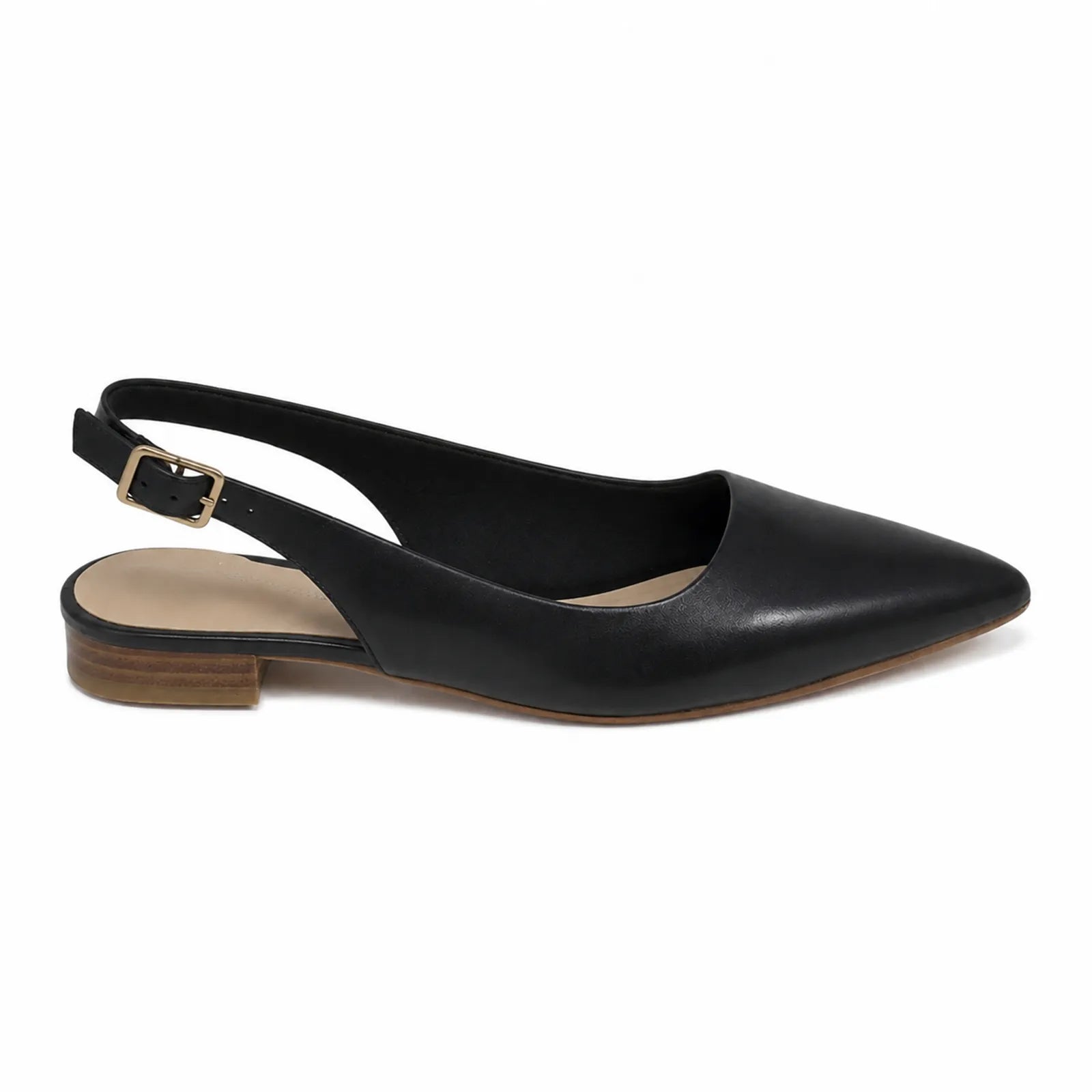 Clarks Laina15 slingback sandals, black leather, pointed toe, adjustable ankle strap