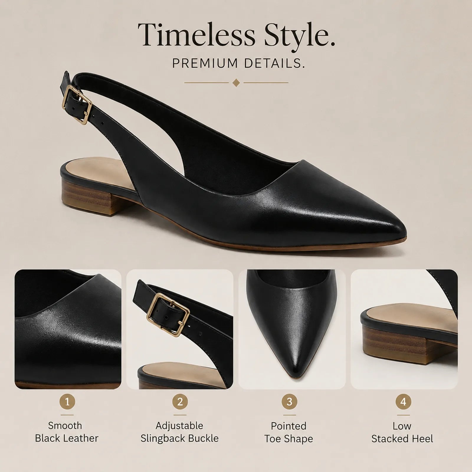 Clarks Laina15 slingback sandals detail: black leather, adjustable buckle strap, pointed toe