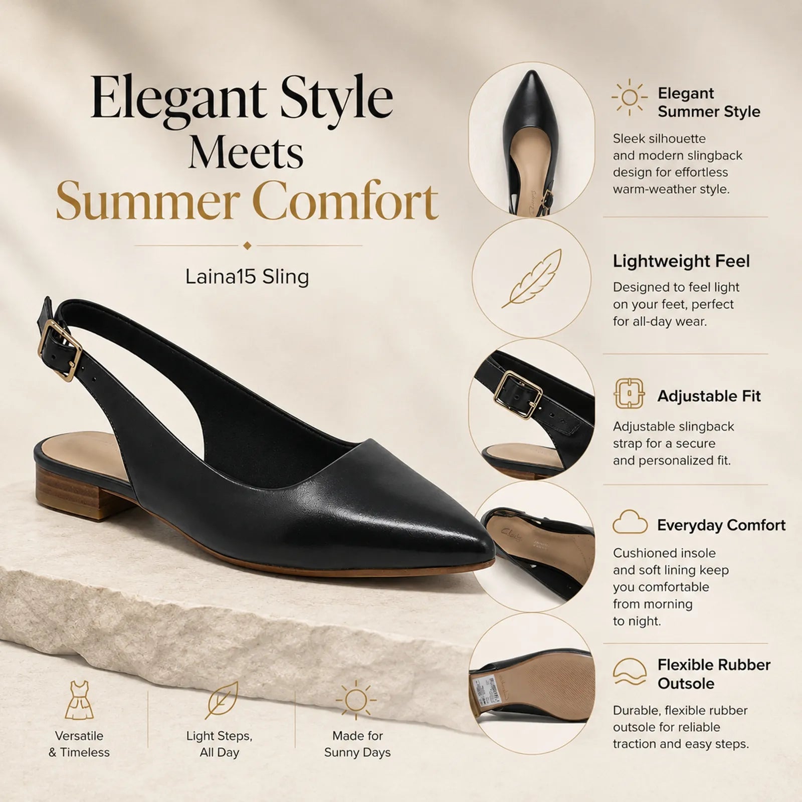Clarks Laina15 slingback sandals, black leather, slingback strap with buckle, low heel