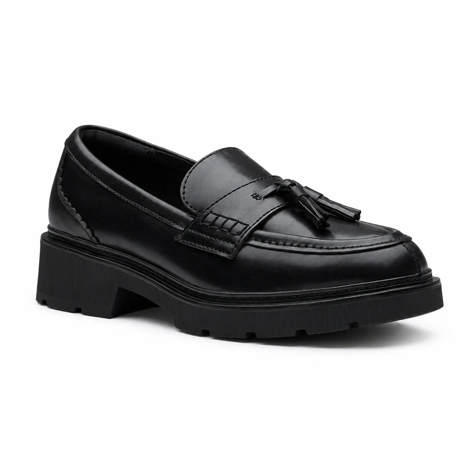 Women's black leather tassel loafer slip-on with stitched vamp and tassel