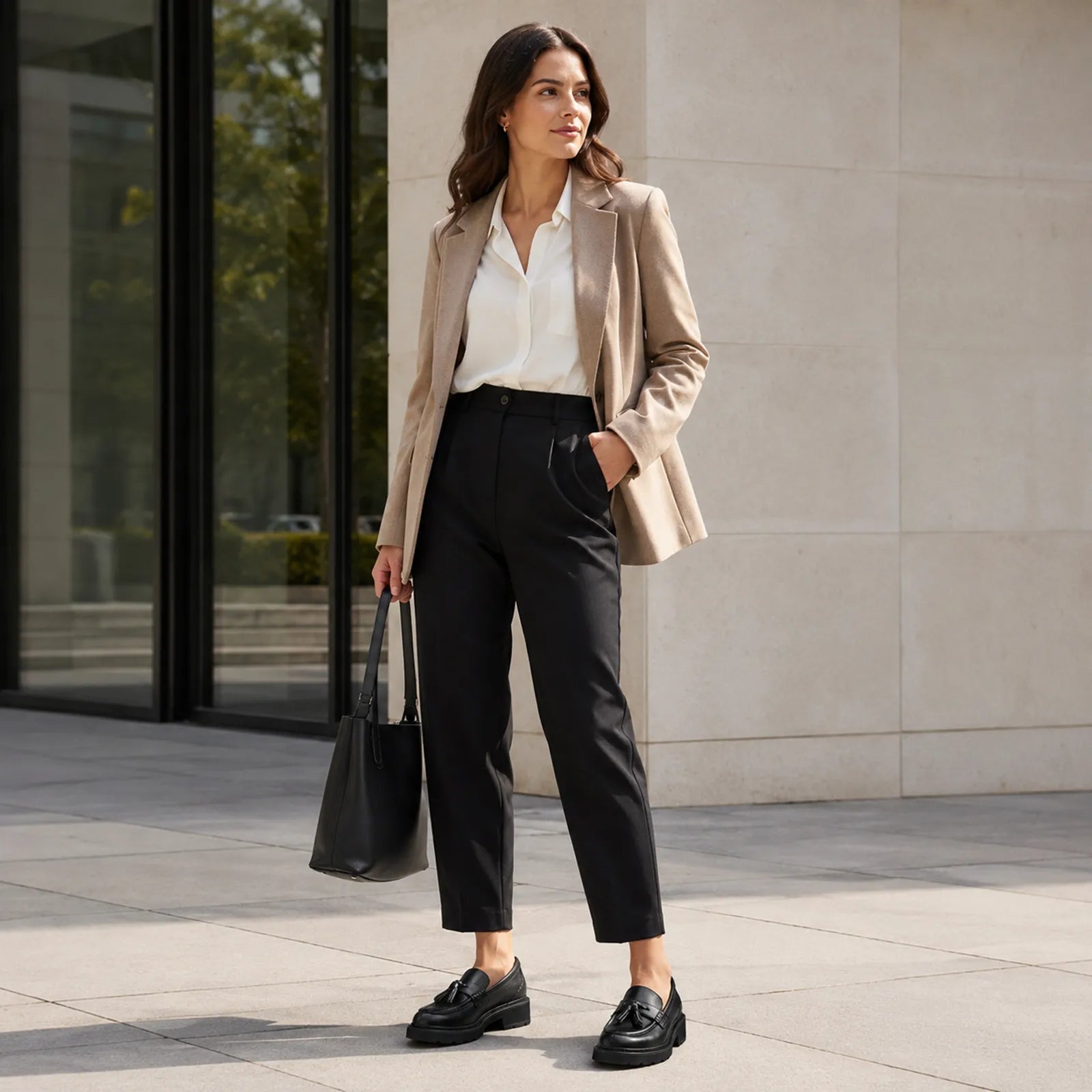 Women's black leather tassel loafers worn with black trousers