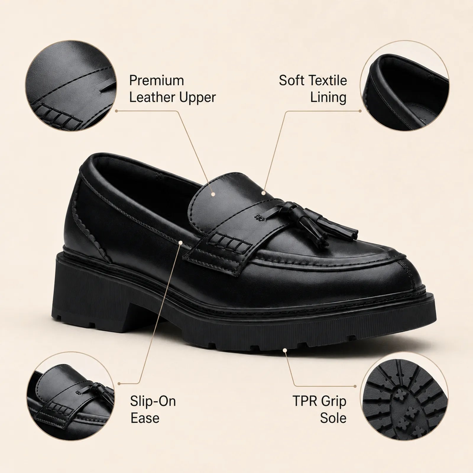 Black slip-on loafer diagram: leather upper, soft lining, grip TPR sole
