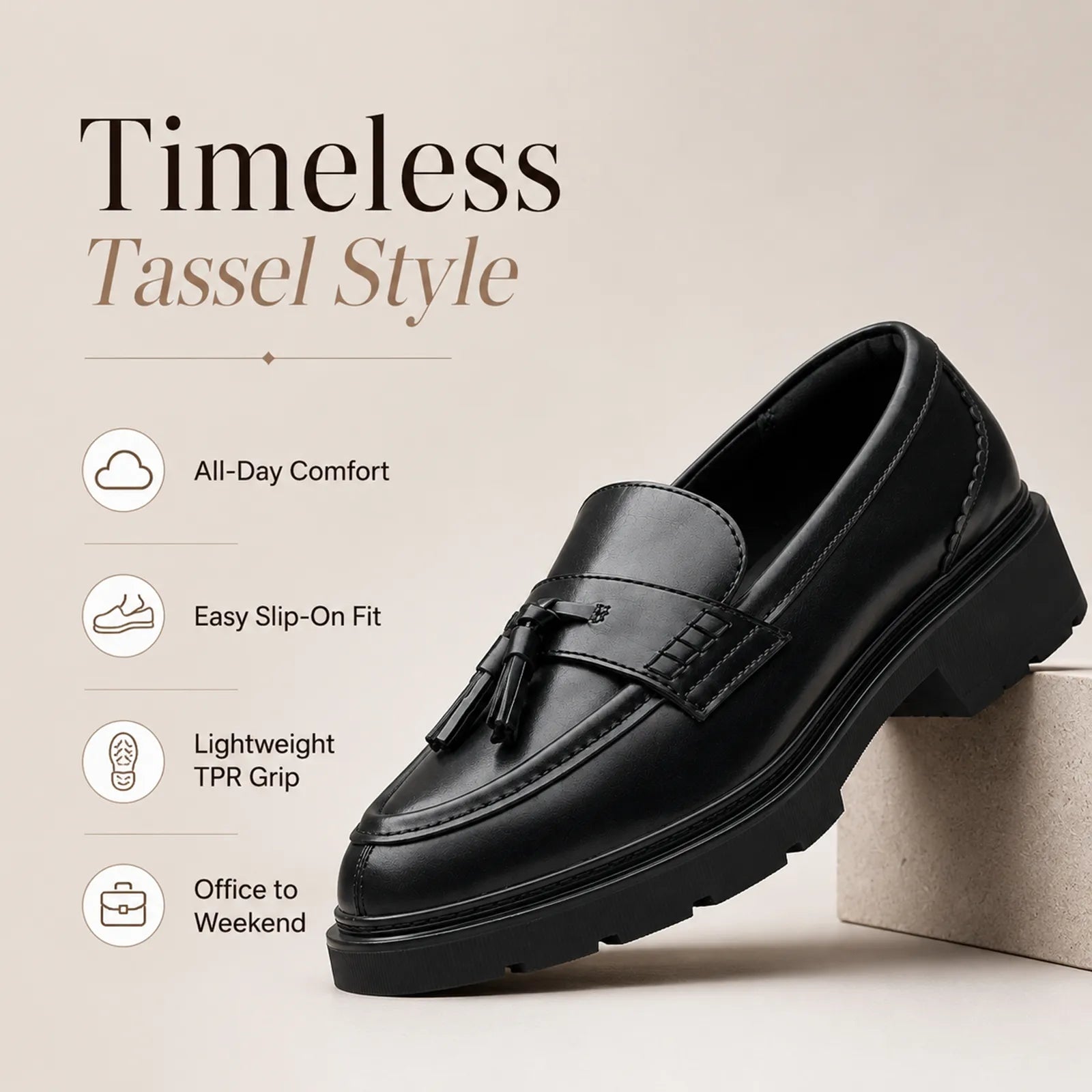 Women's black leather tassel loafers with slip-on design and chunky sole