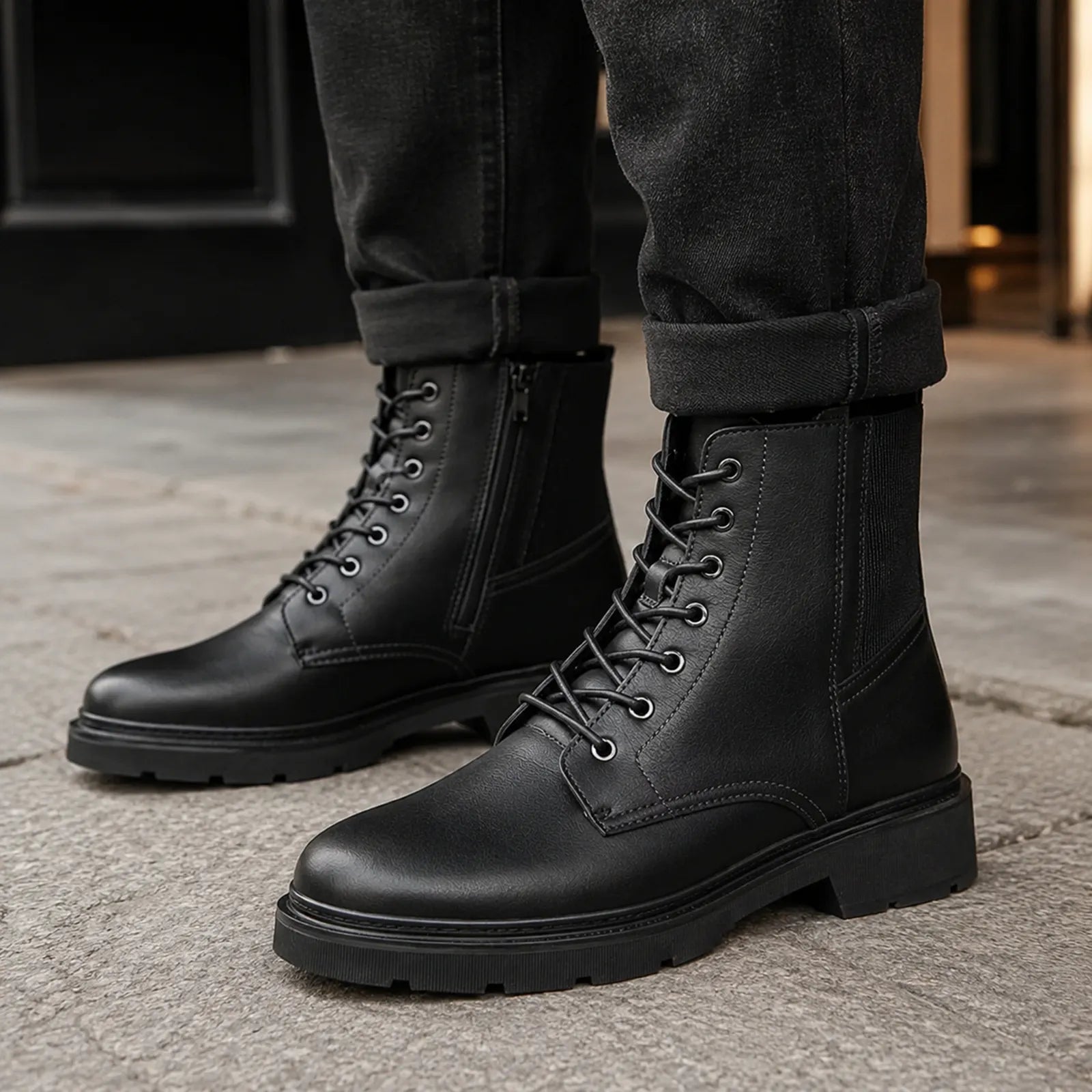 Black lace-up ankle boots with padded shaft and durable rubber outsole