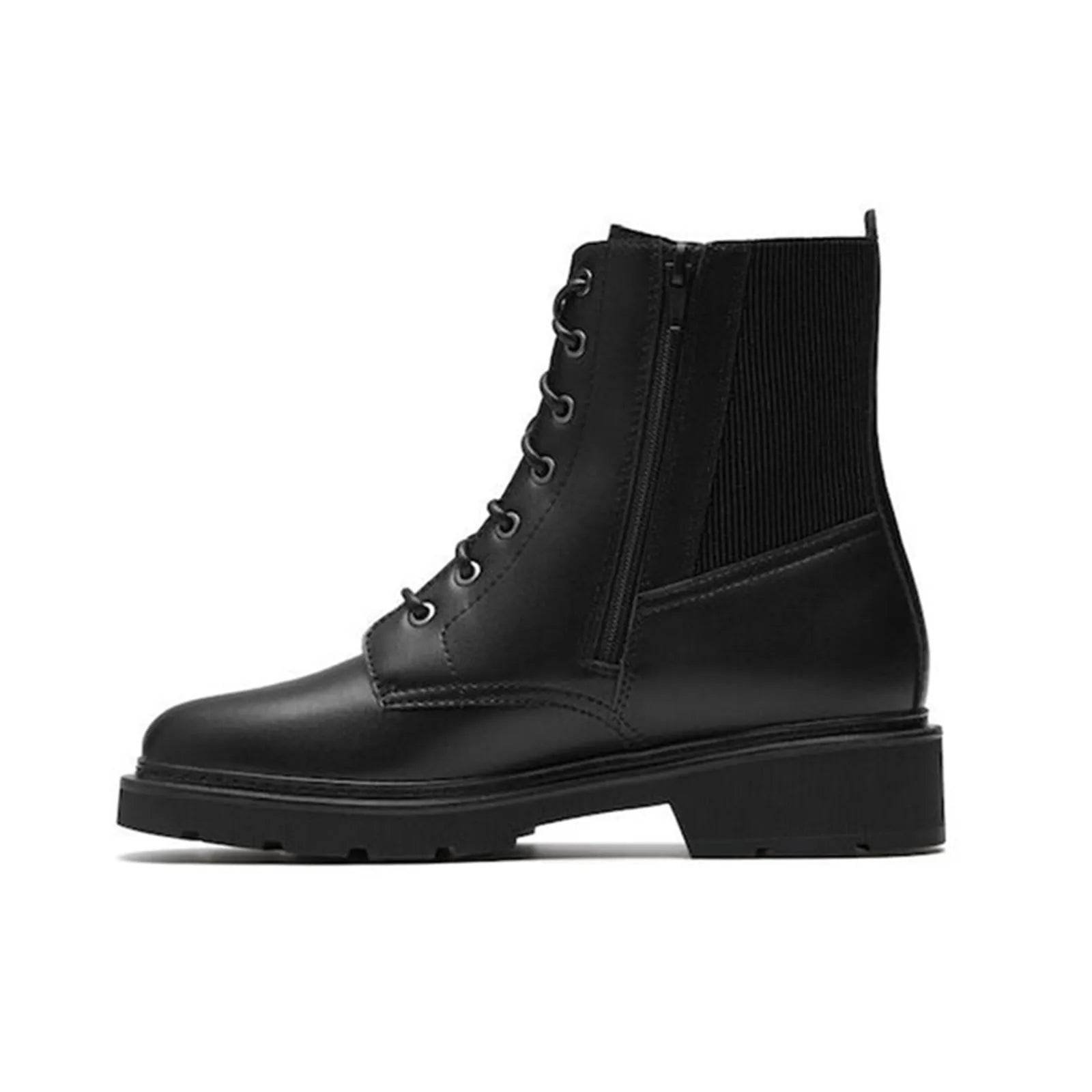 Black leather ankle boots with elastic side panels and lace-up front