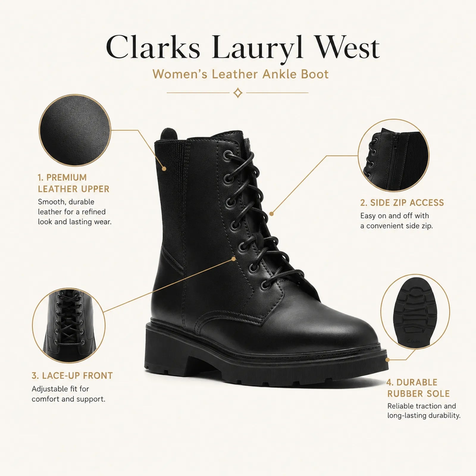 Black leather lace-up ankle boot with side zipper, padded collar, and rubber sole