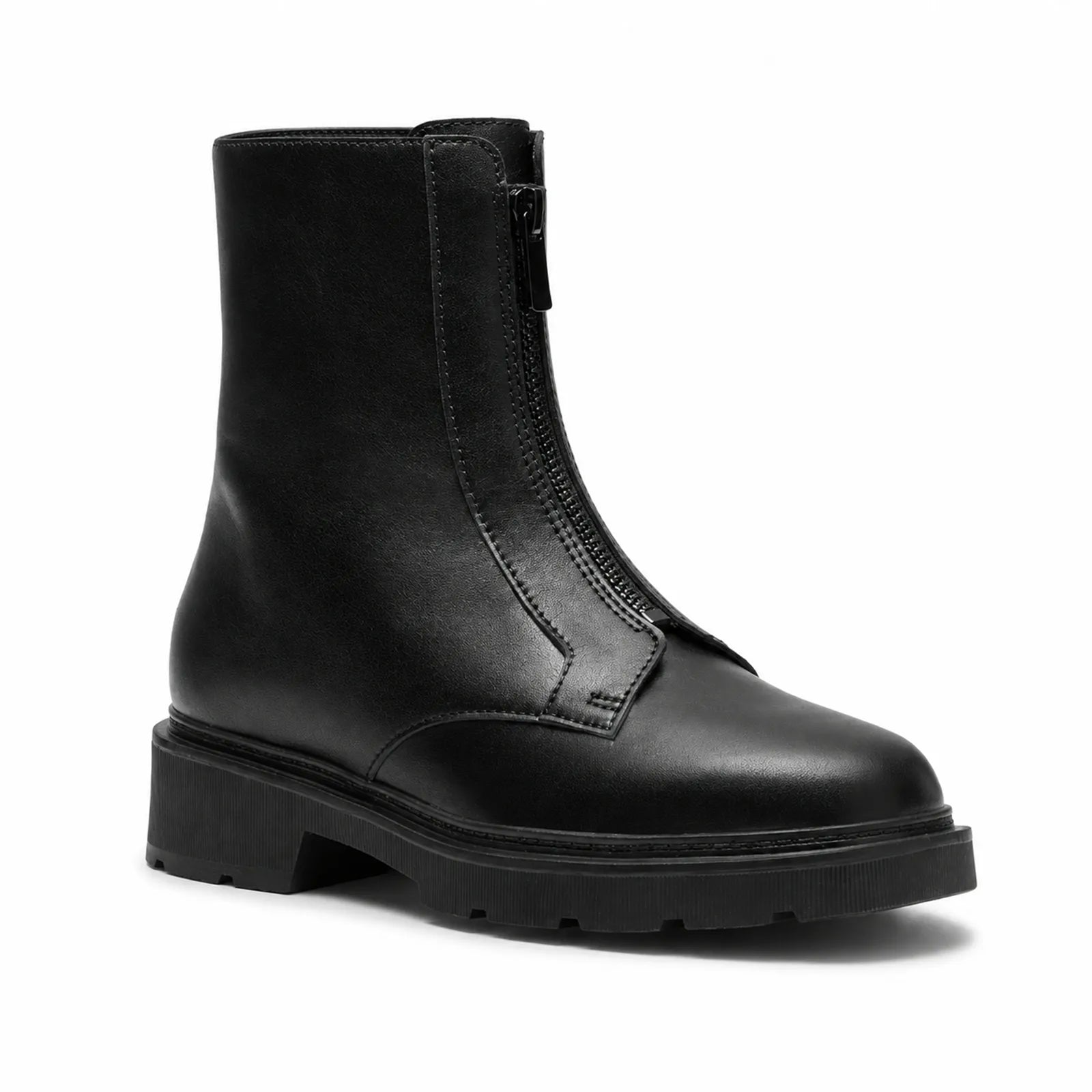 Black leather ankle boot with side zip and chunky lug sole