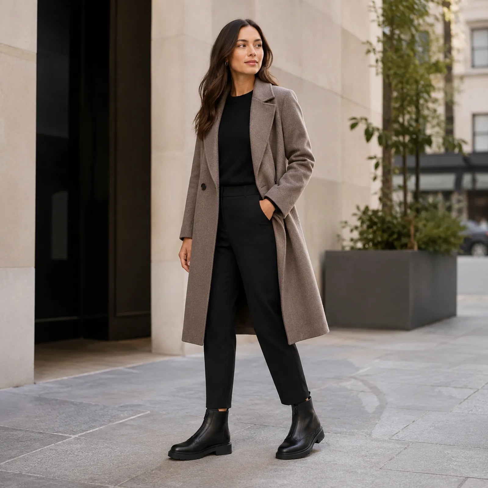 Black side-zip ankle boots on a model, with a thick rugged sole