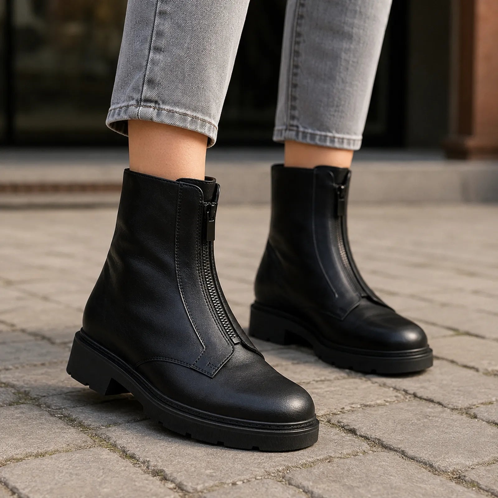 Black ankle boots with side zip and chunky lug sole