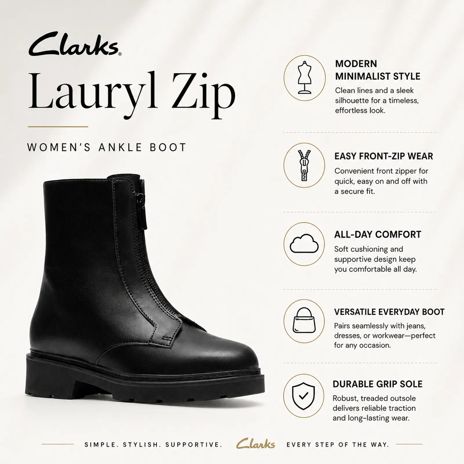 Black women’s ankle boot featuring a side zip and lug sole