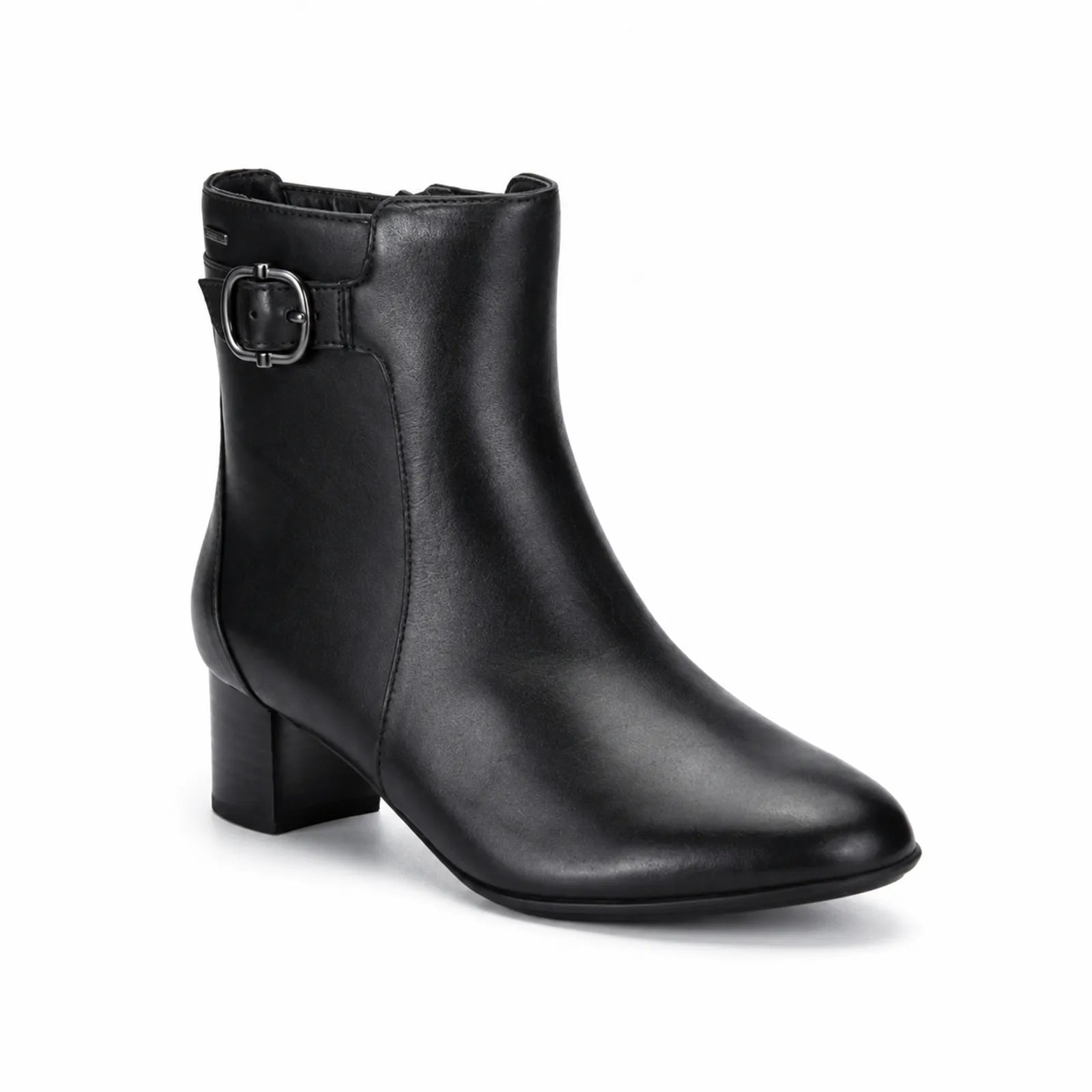 Women’s black leather ankle boots with side buckle strap and block heel