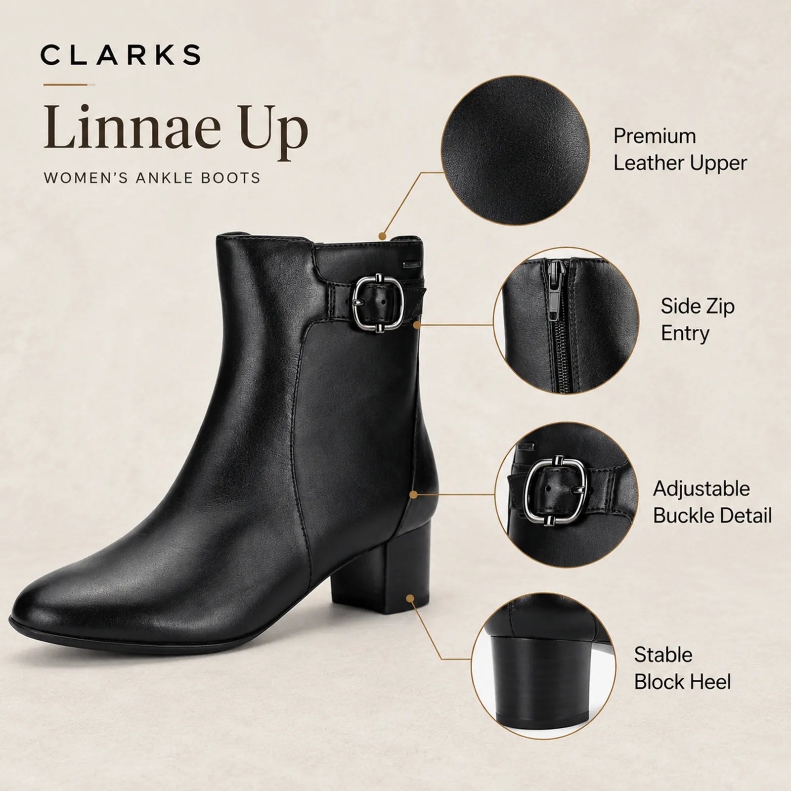 Black leather ankle boots with buckle strap, side zip entry, block heel