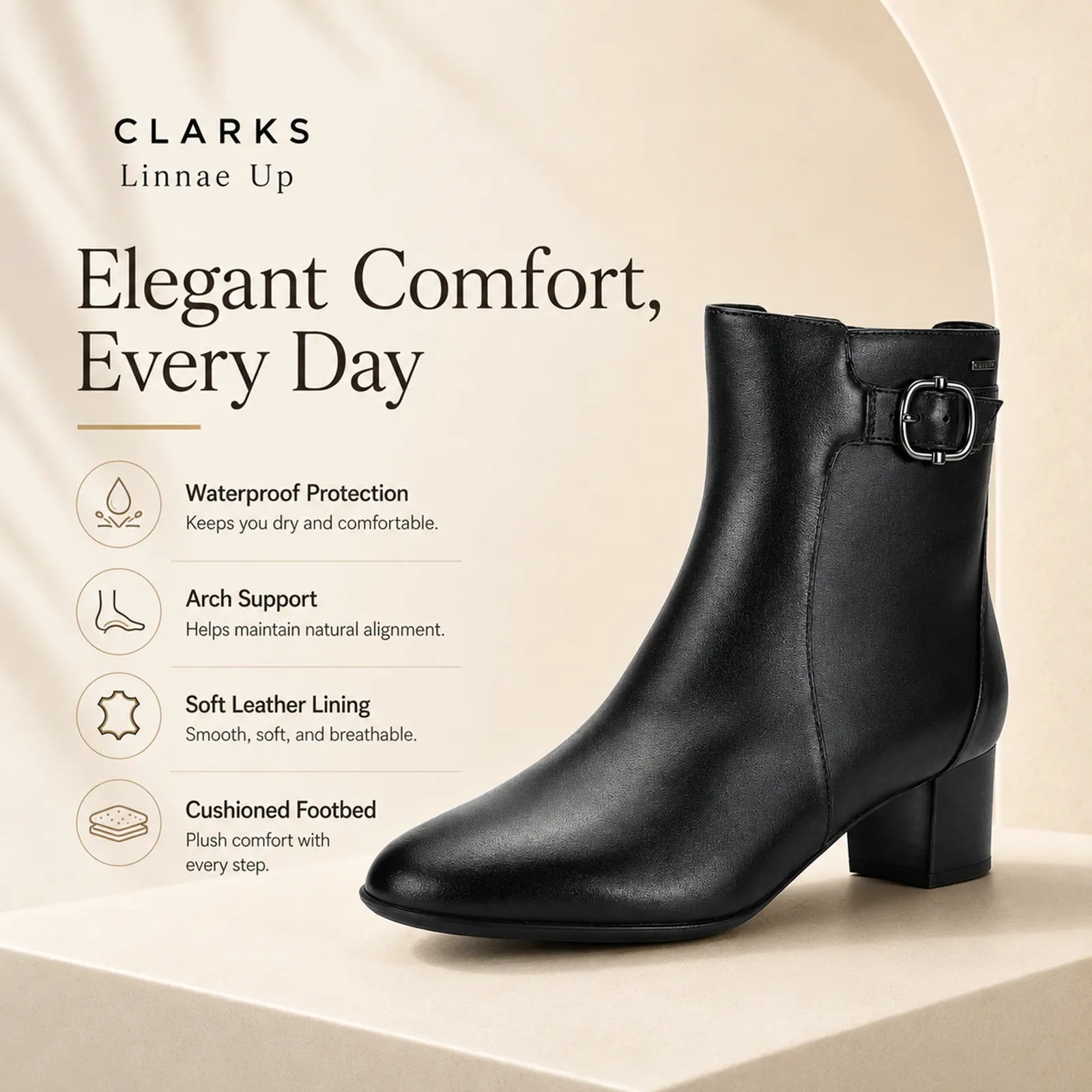 Black leather ankle boots with buckle strap and block heel
