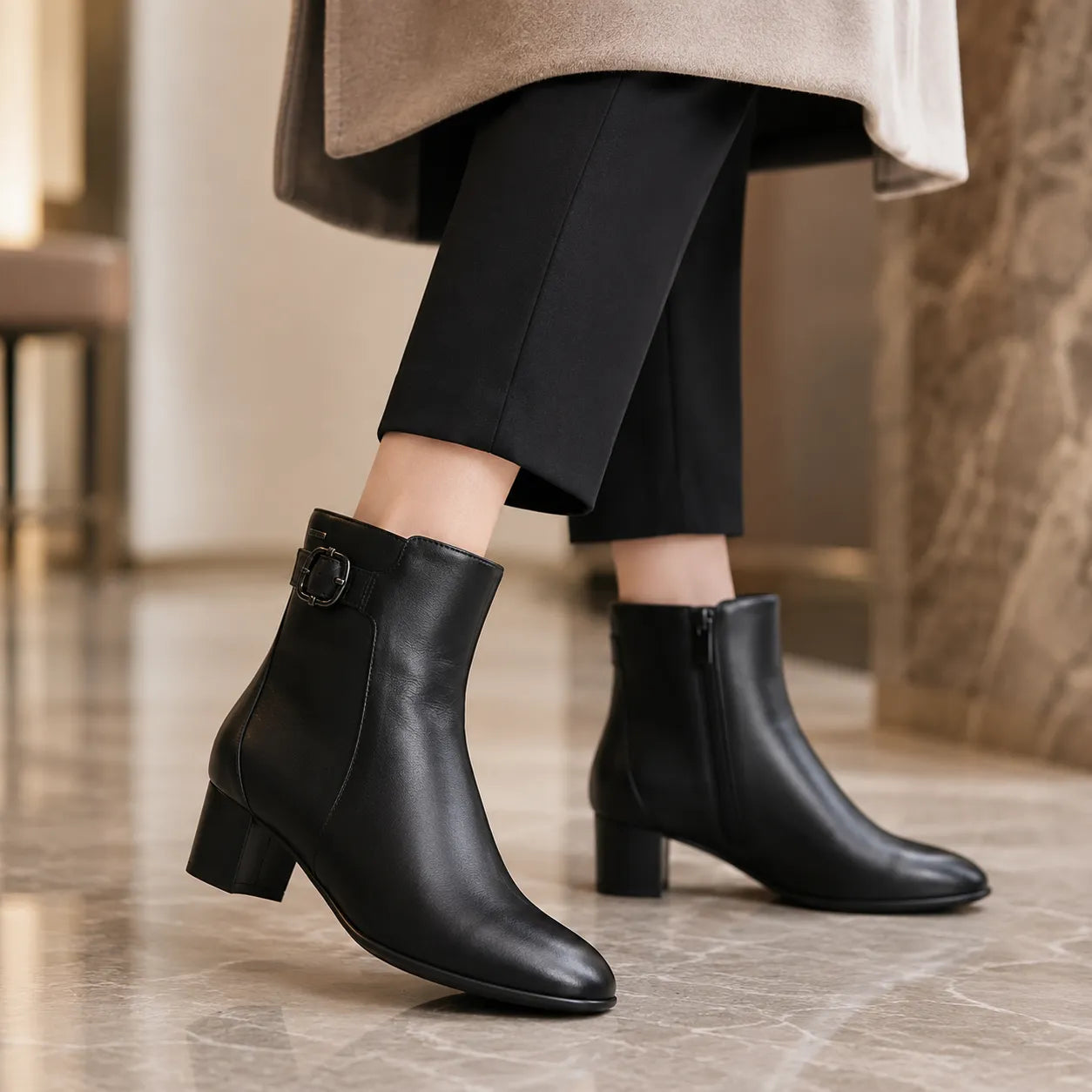 Black leather mid-calf boots with buckle strap and chunky block heel