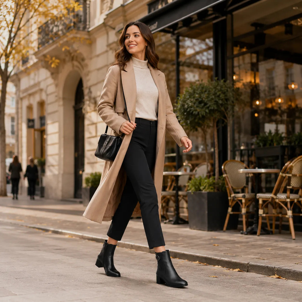 Black leather ankle boots with buckle strap and stacked block heel