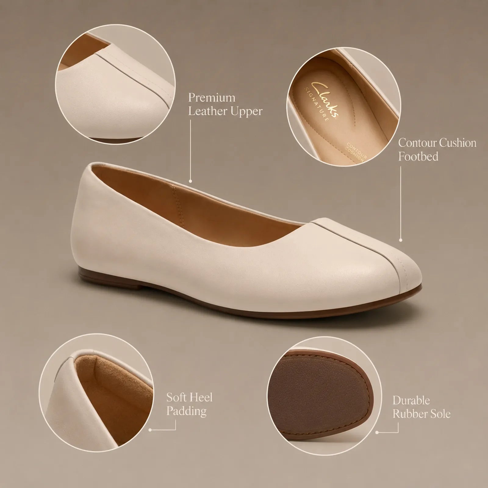 Cream leather flat pumps with cushioned insole and durable rubber sole