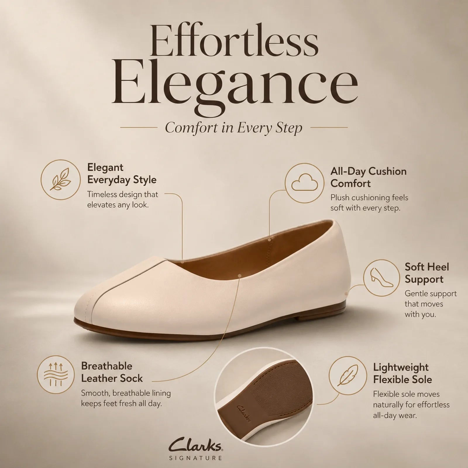 Cream leather flat pumps with rounded toe and cushioned comfort feel