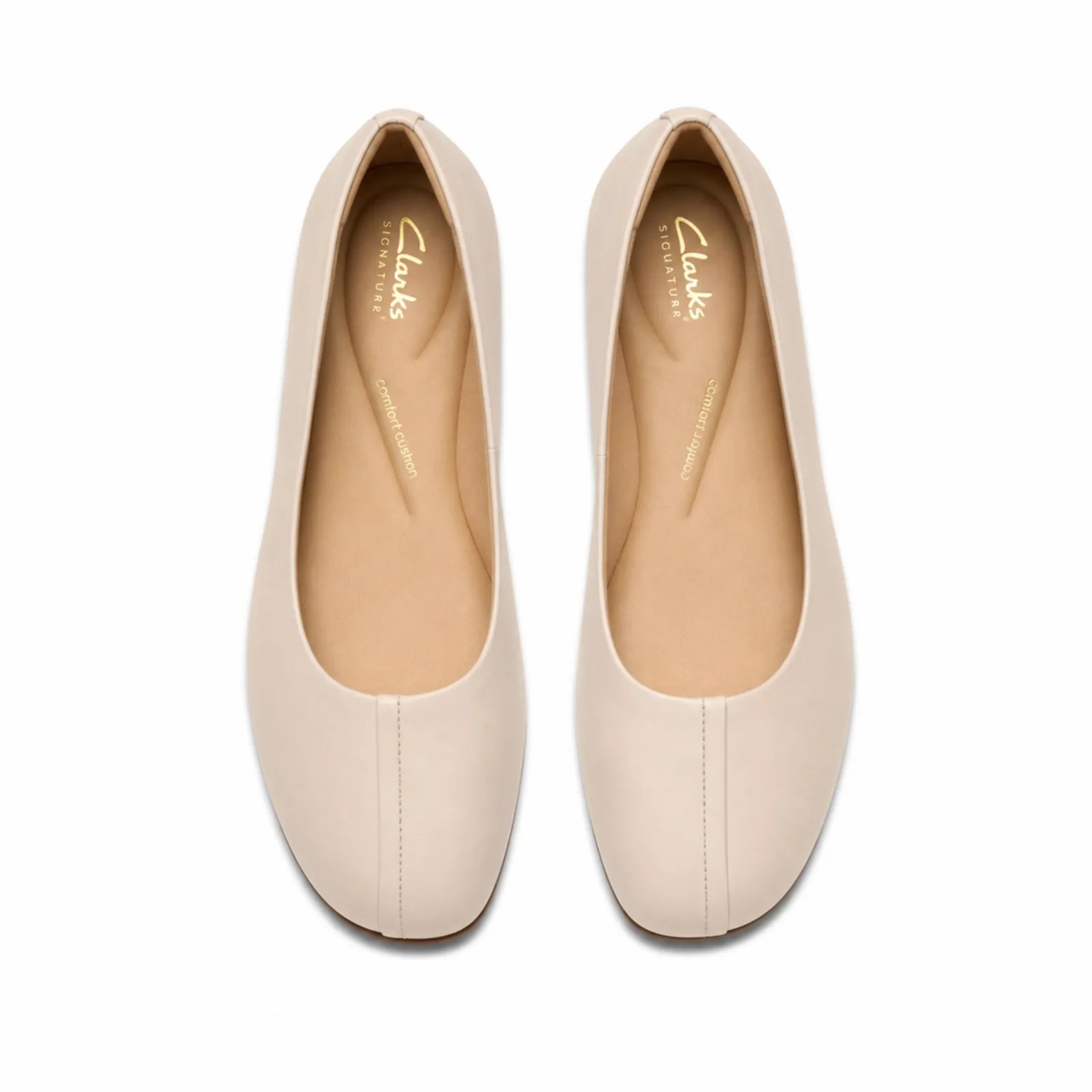 Cream leather ballet-style pumps with smooth toe and low stacked heel