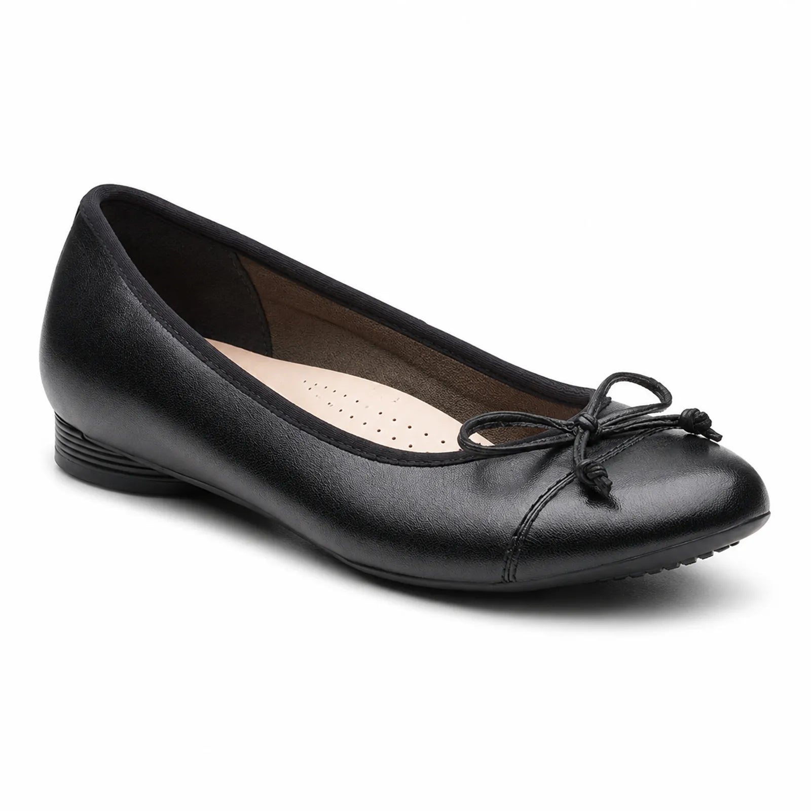 Women’s black leather flat loafer with lace bow and low stacked heel