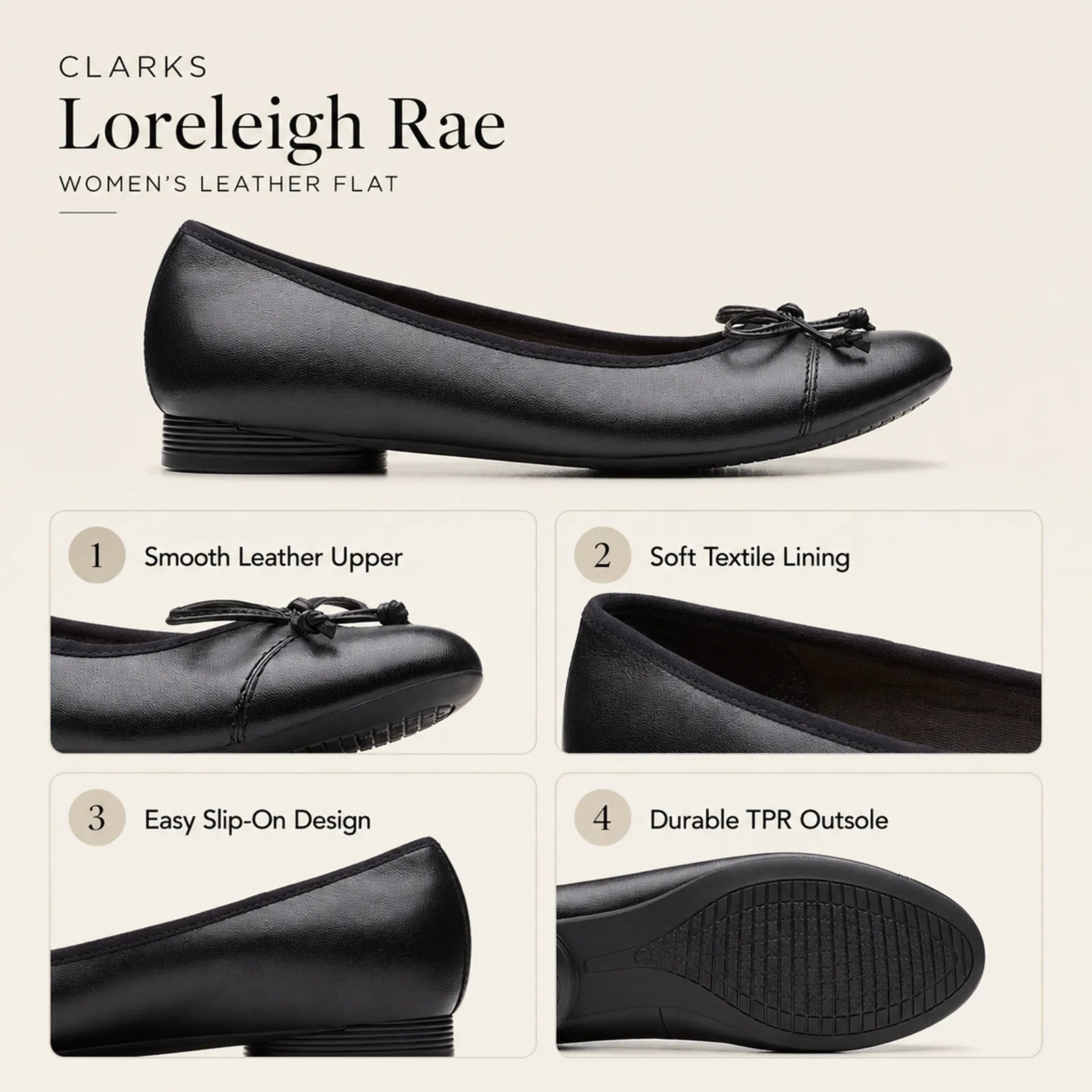 Clarks Loreleigh Rae women’s black leather flat loafer, smooth upper and bow detail