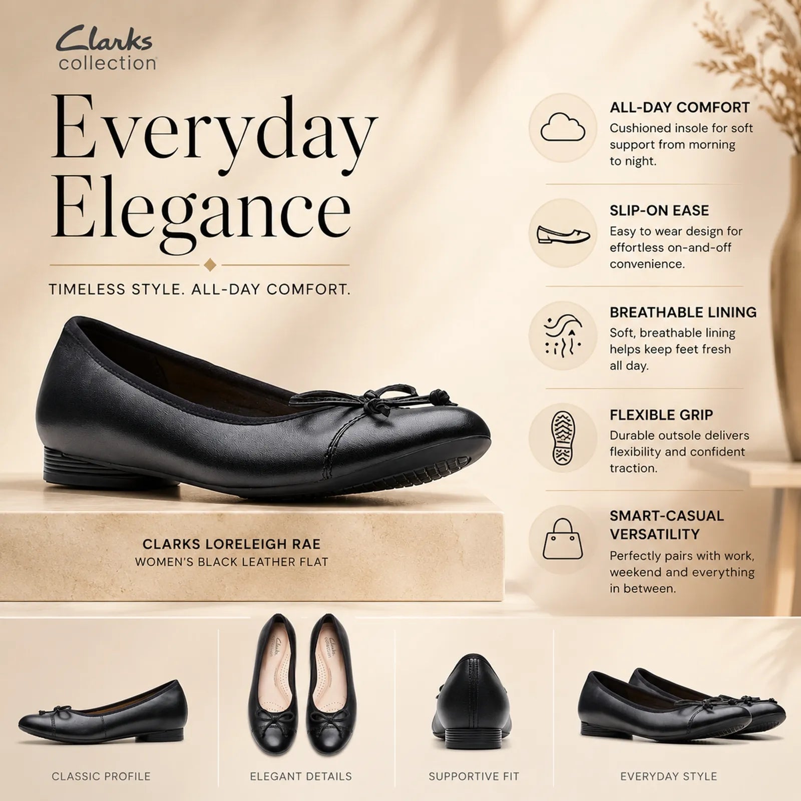 Women’s black leather flat loafer with lace bow, shown in an everyday comfort brochure