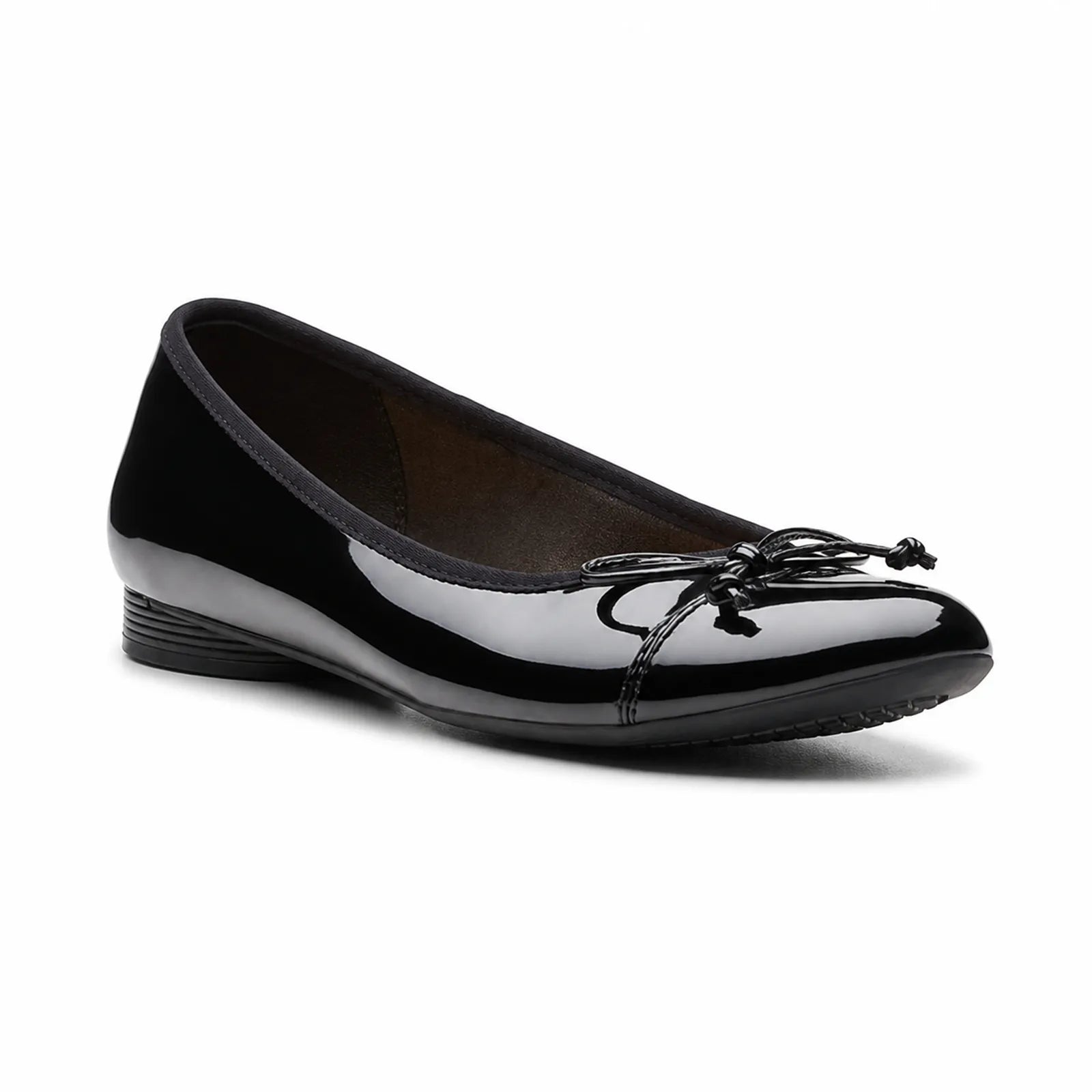 Women’s black patent leather flat loafer with glossy finish and lace bow